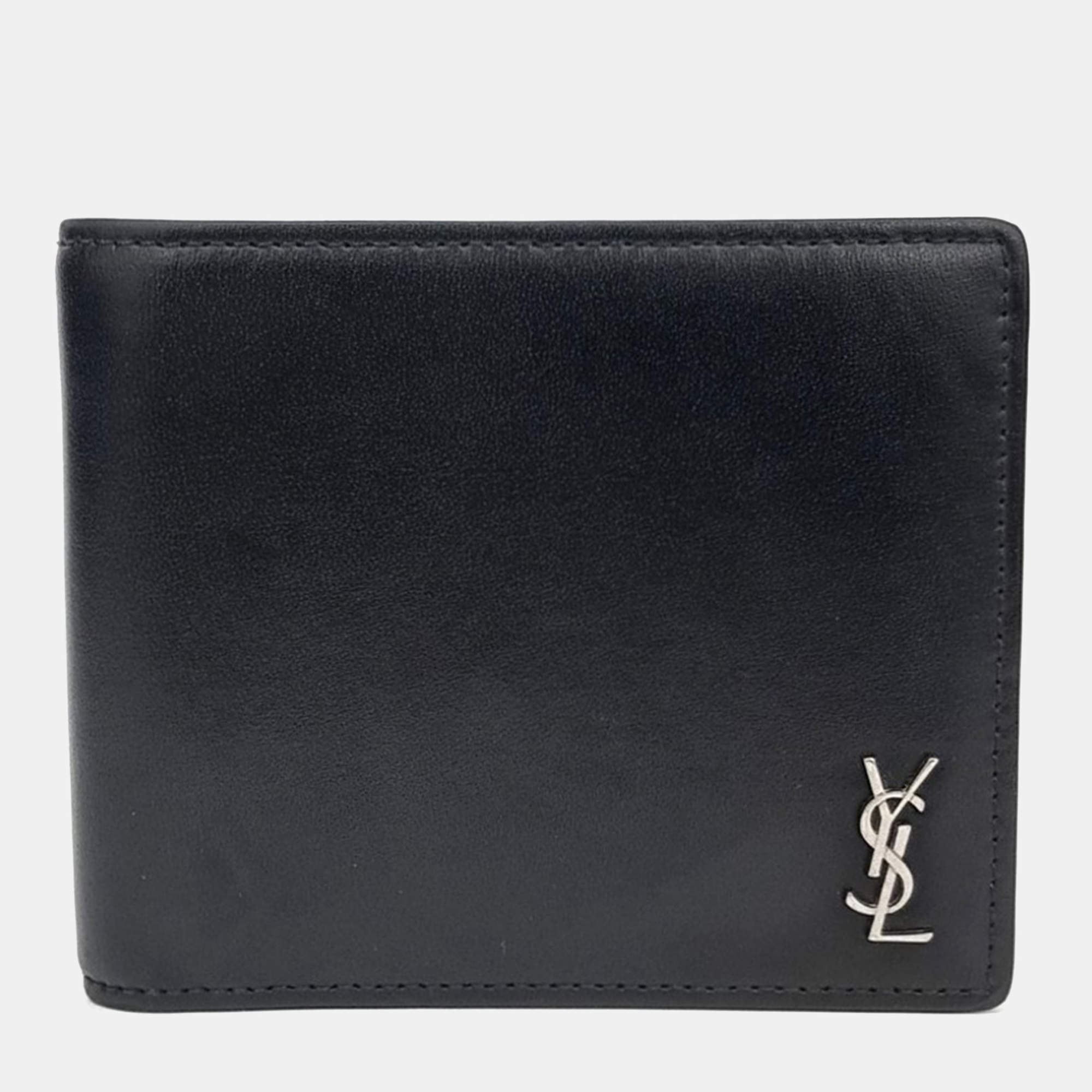 Pre Owned Saint Laurent Paris Black Leather Tiny Monogram Bifold Wallet