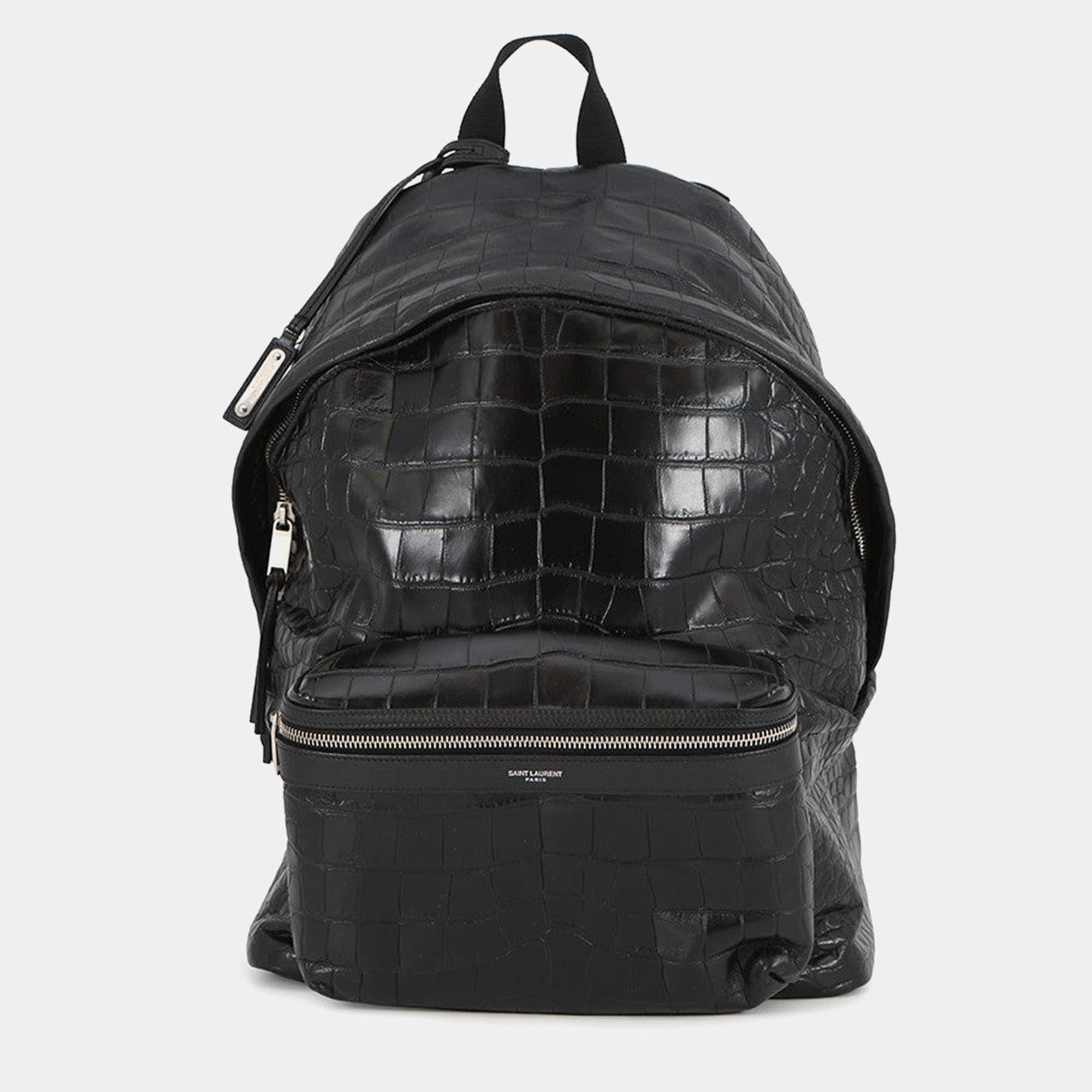 Pre Owned Saint Laurent Paris City Backpack Black Croco Embossed Leather