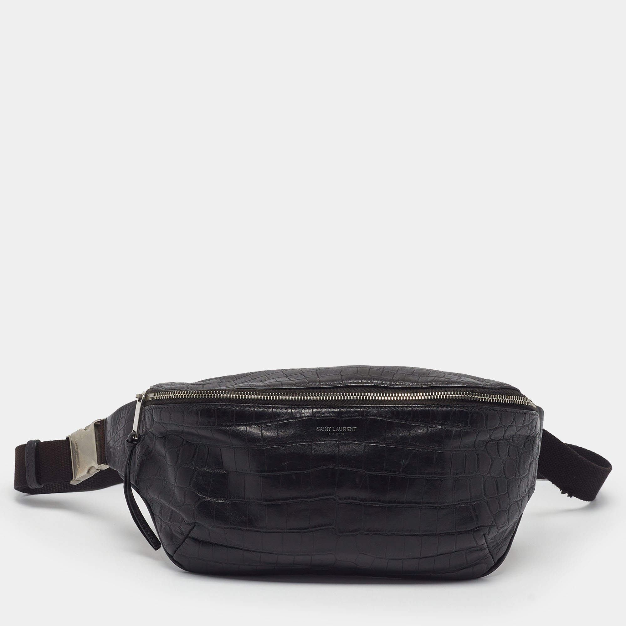 Pre Owned Saint Laurent Black Croc Embossed Leather Belt Bag