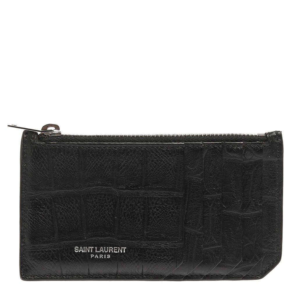 Pre Owned حافظة بطاقات سان لوران باريس سحاب جلد نقش تمساح سوداء  