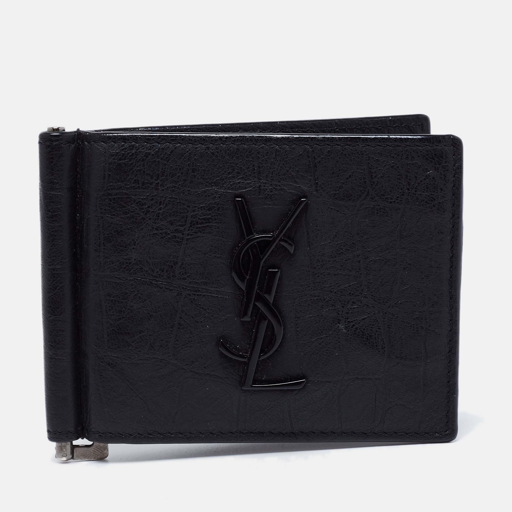 Saint Laurent Black Croc Embossed Leather Bifold Money Clip