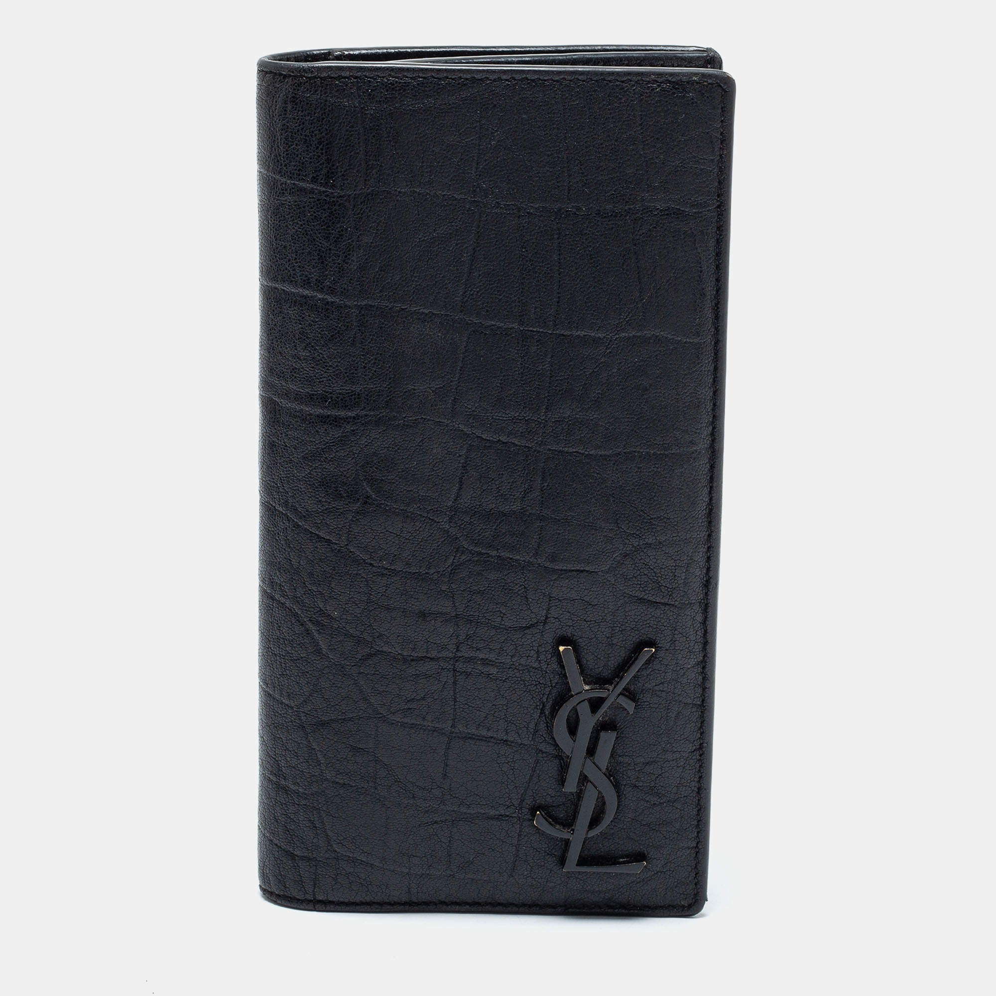 Saint Laurent Black Croc Embossed Leather Cassandre Long Wallet