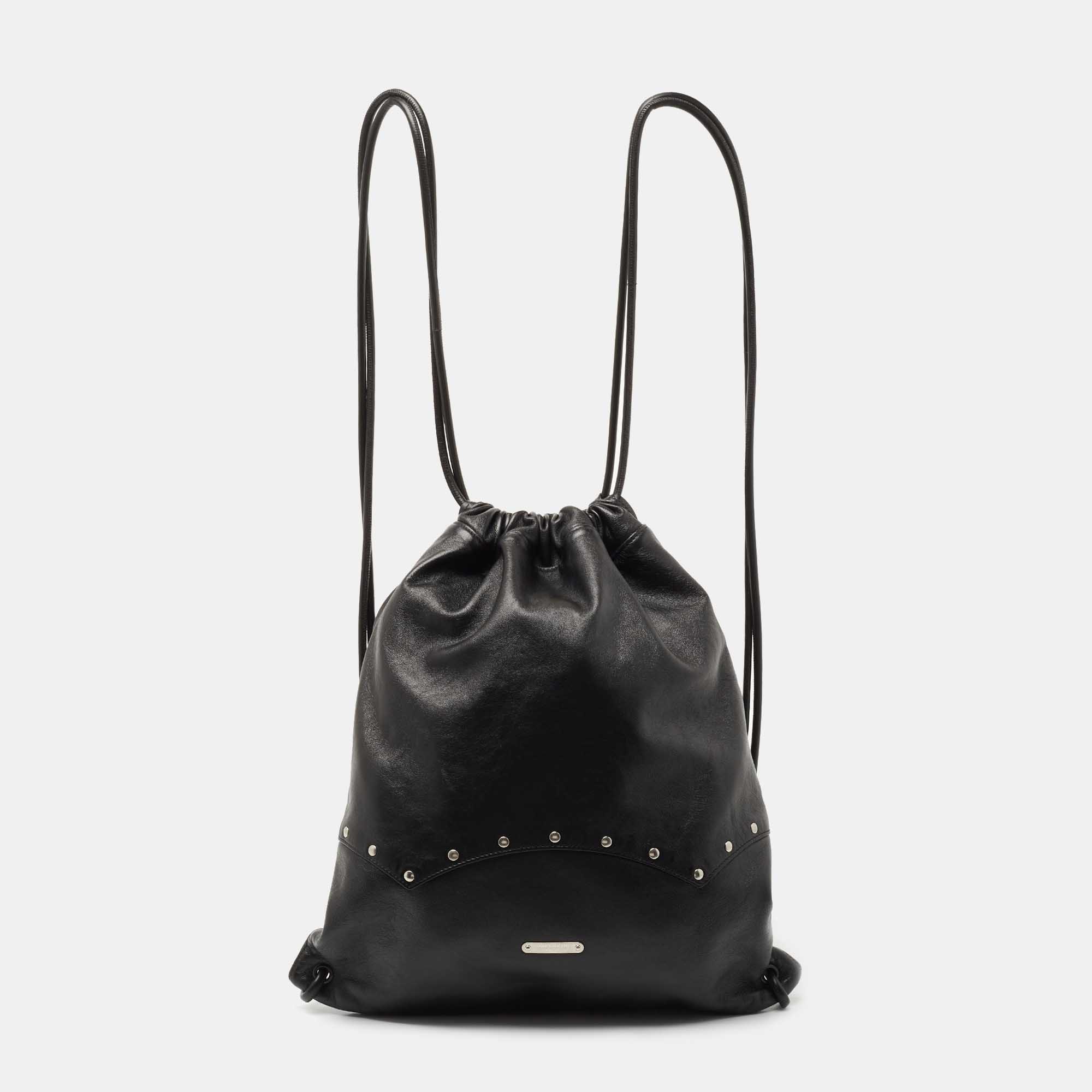 Saint Laurent Black Leather Studded Drawstring Backpack