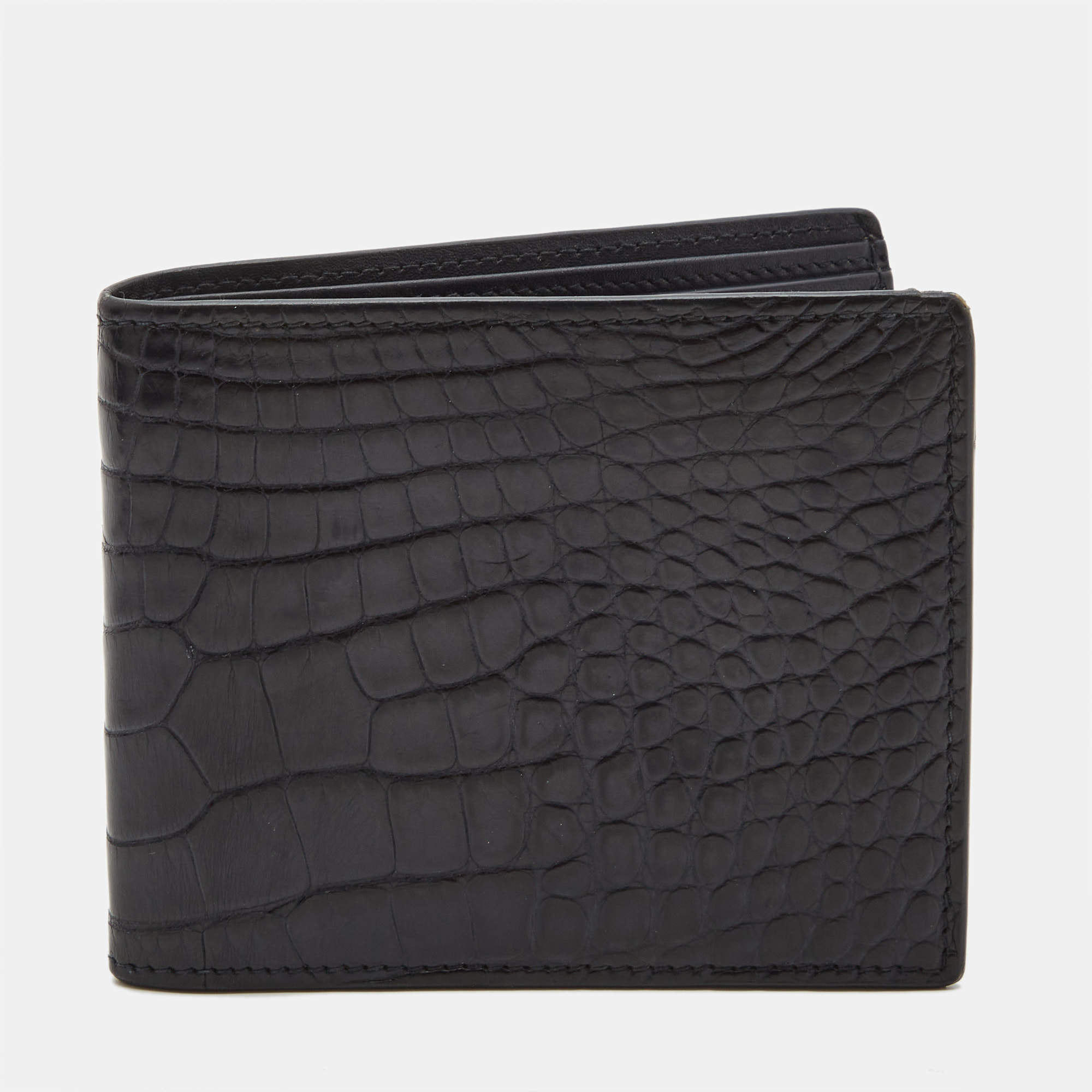 Saint Laurent Navy Blue Croc Embossed Leather Bifold Wallet