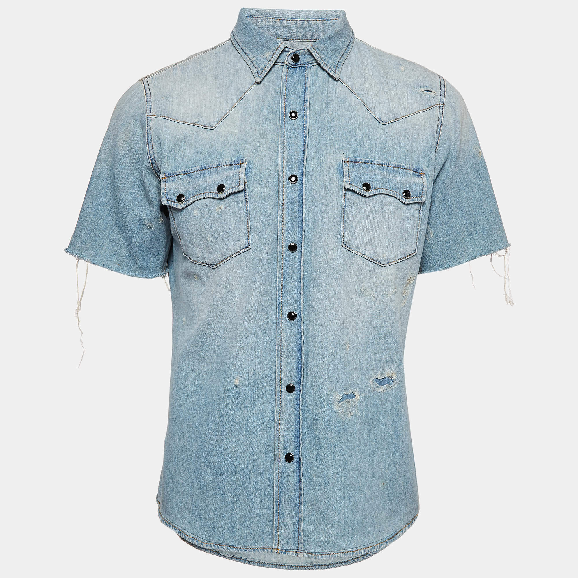 Saint Laurent Blue Distressed Denim Shirt M