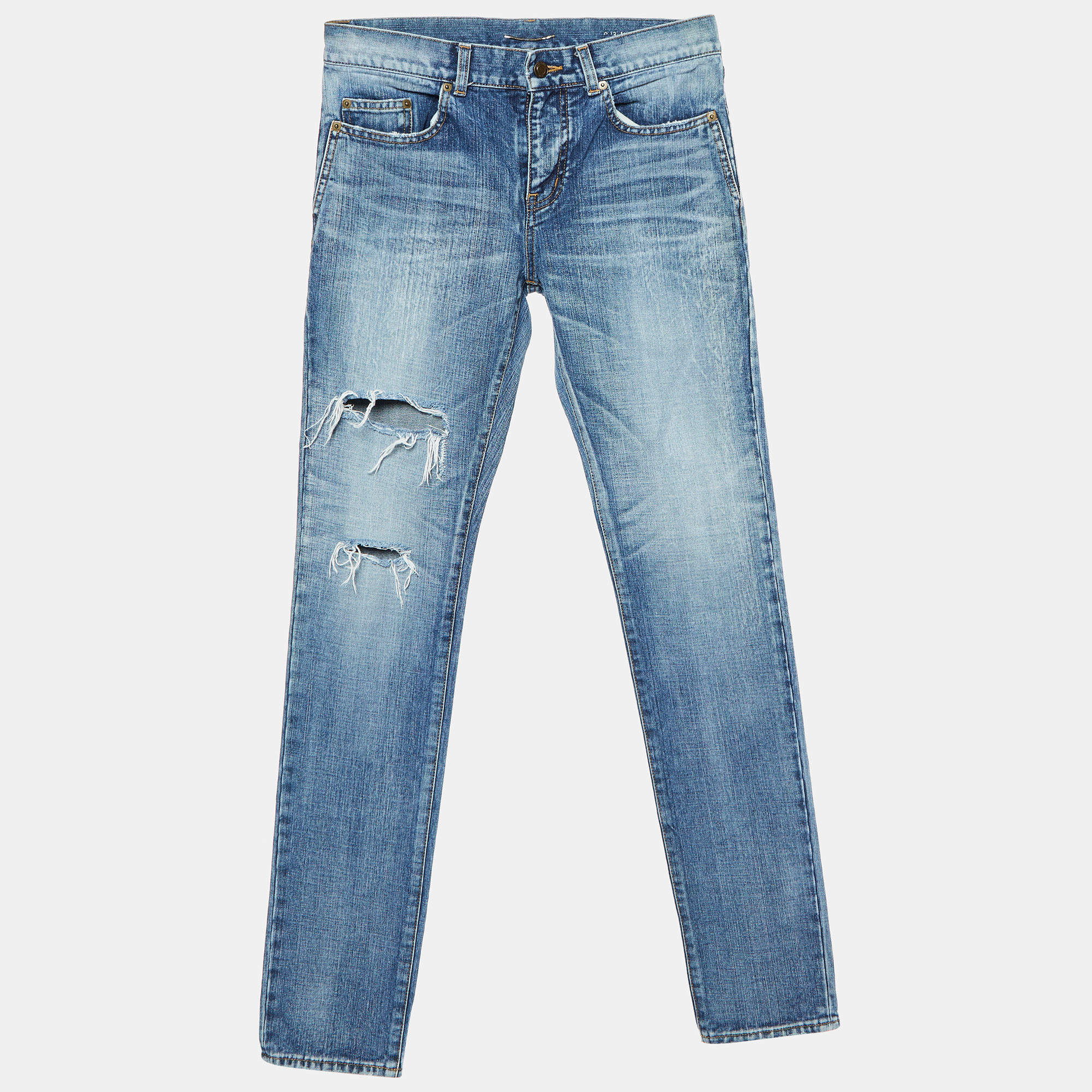 Pre Owned Saint Laurent Paris Blue Washed & Distressed Denim Jeans S Waist 31"