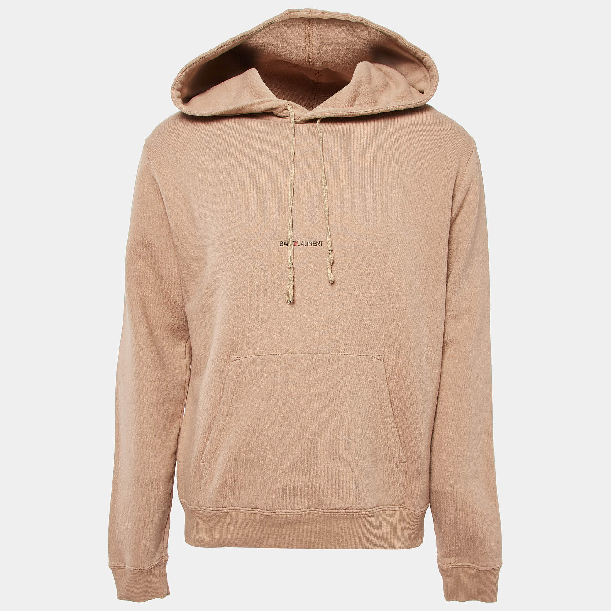  Saint Laurent Beige Logo Print Cotton Knit Hoodie L