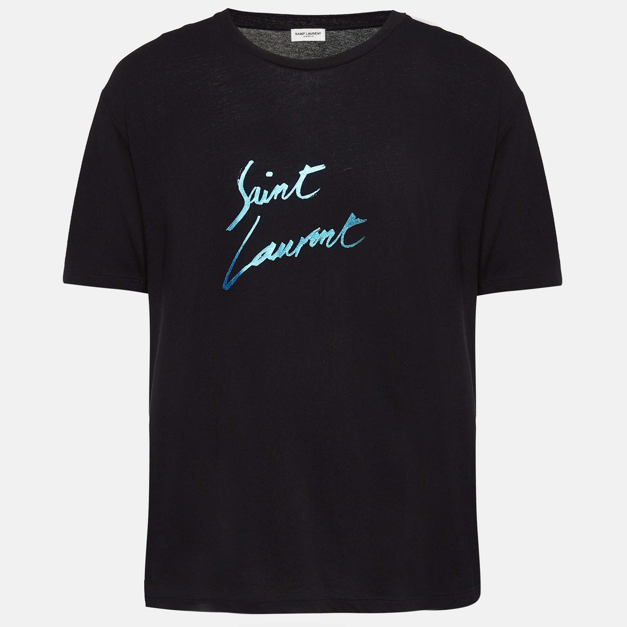 Pre Owned Saint Laurent Paris Black Logo Signature Print Cotton T-Shirt S