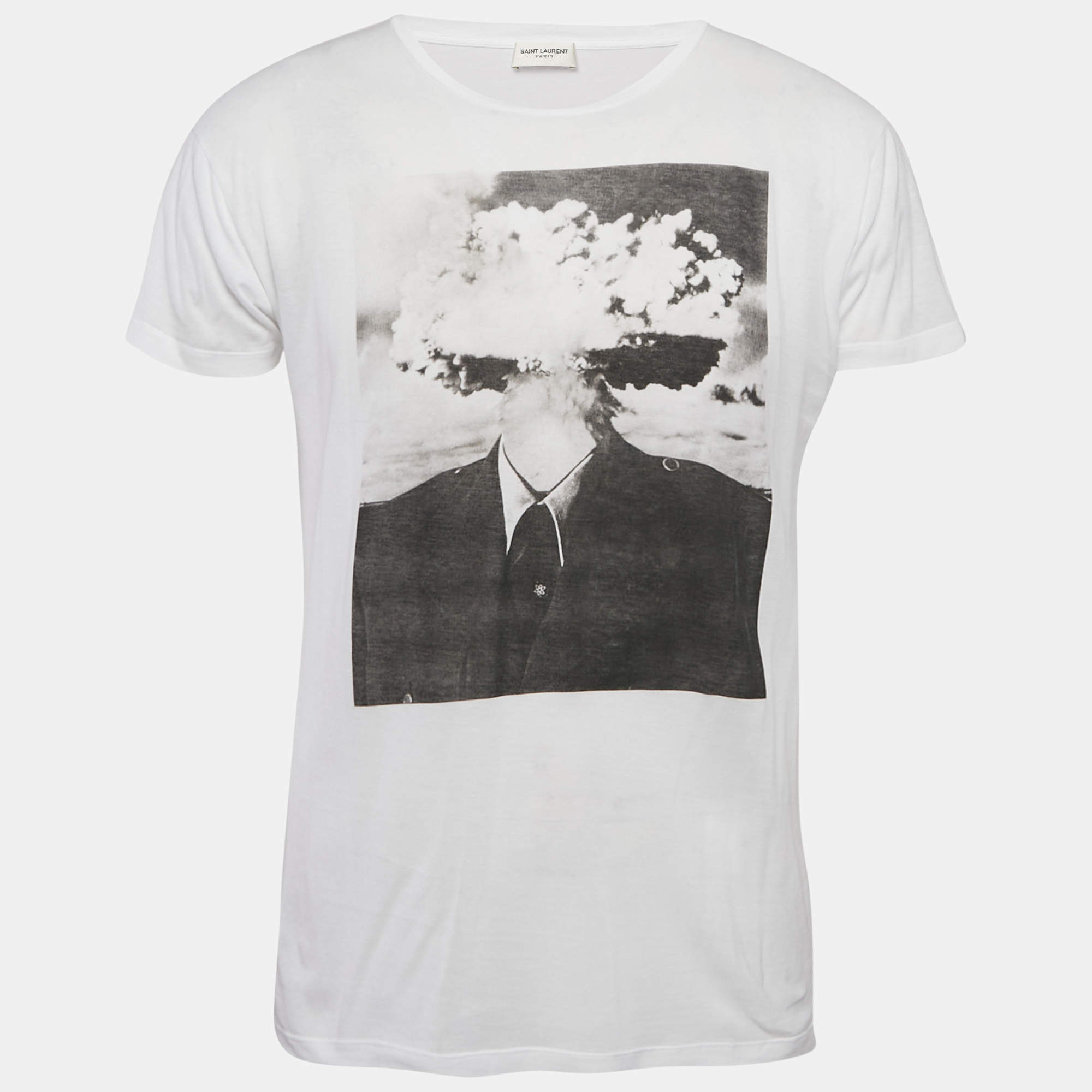 Pre Owned Saint Laurent White Printed Jersey Crew Neck T-Shirt S
