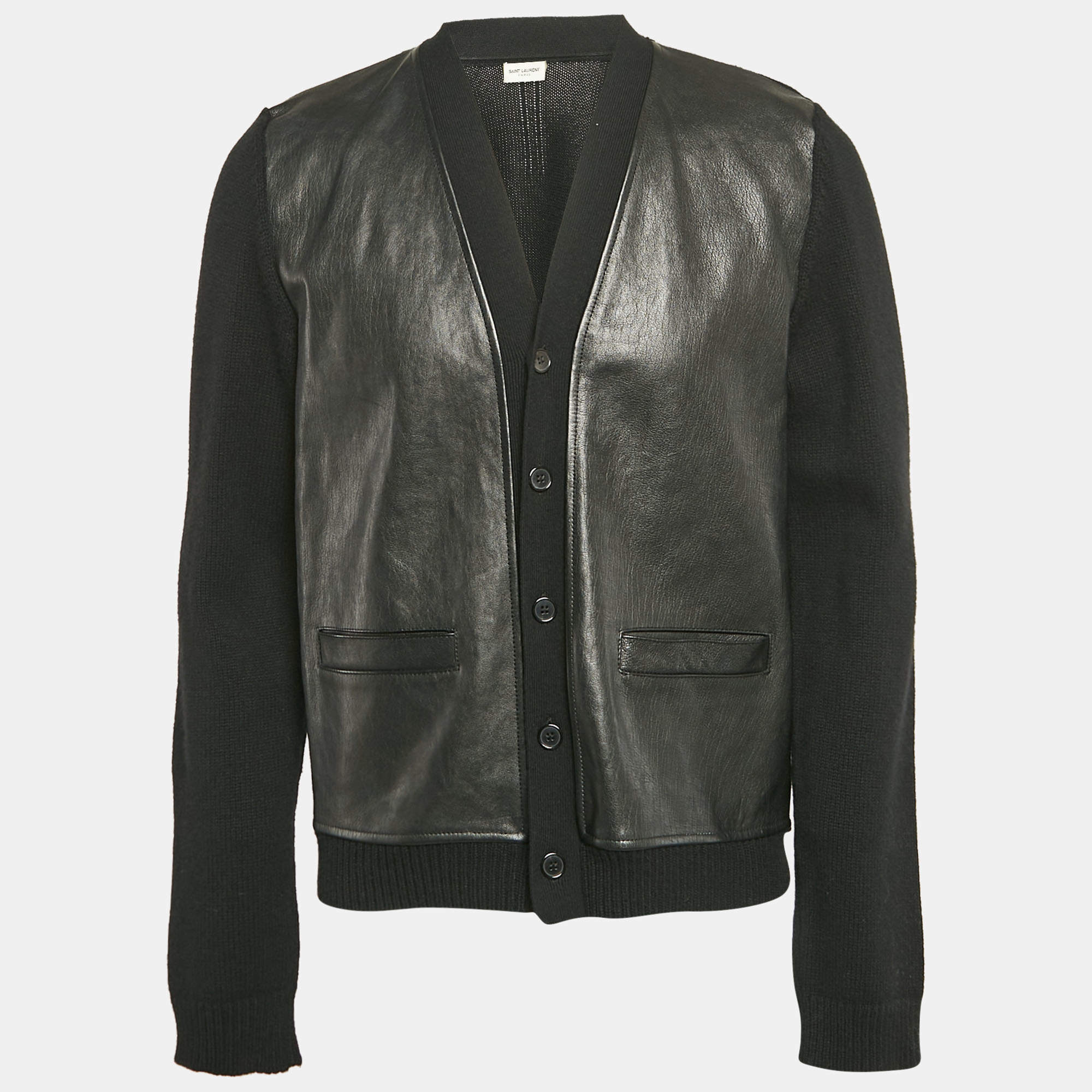 Pre Owned Saint Laurent Paris Black Wool Knit and Leather Jacket XL