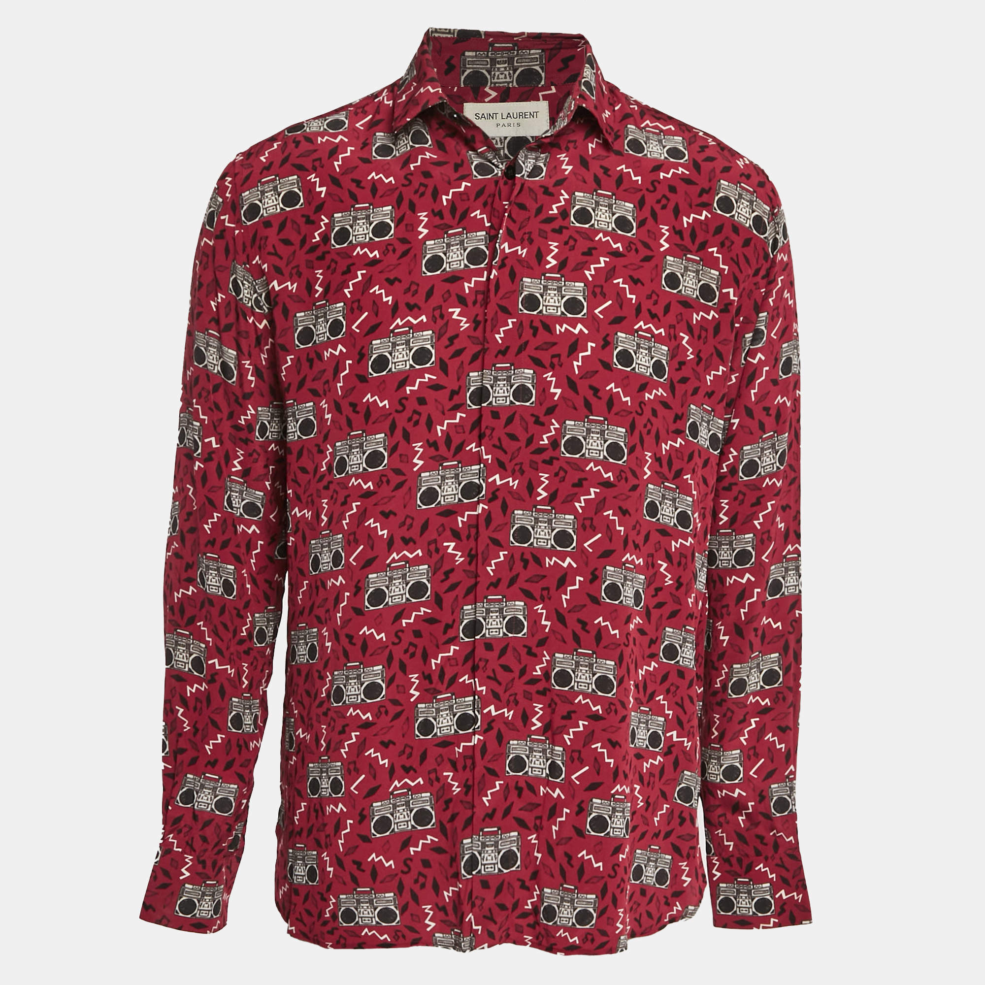 Saint Laurent Paris Red Printed Silk Long Sleeve Shirt M