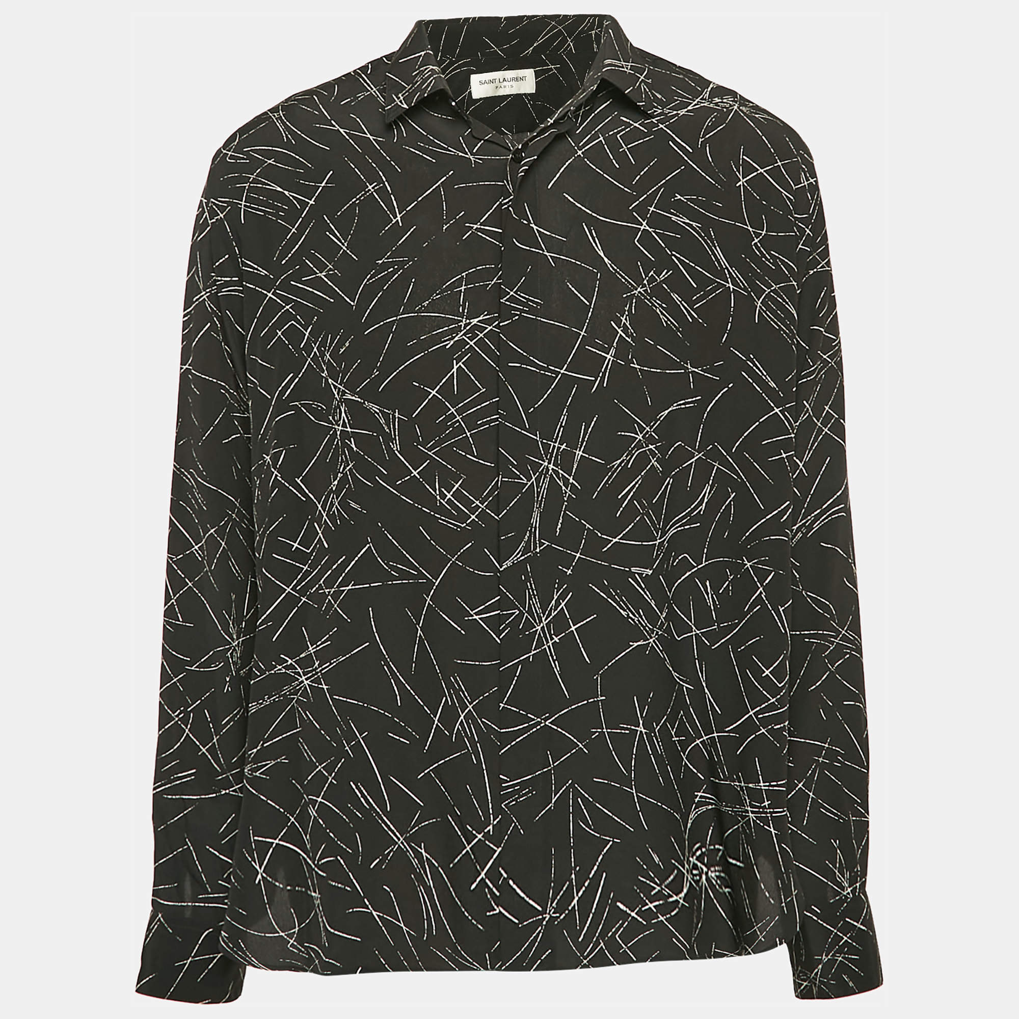 Saint Laurent Black Abstract Print Silk Long Sleeve Shirt XL