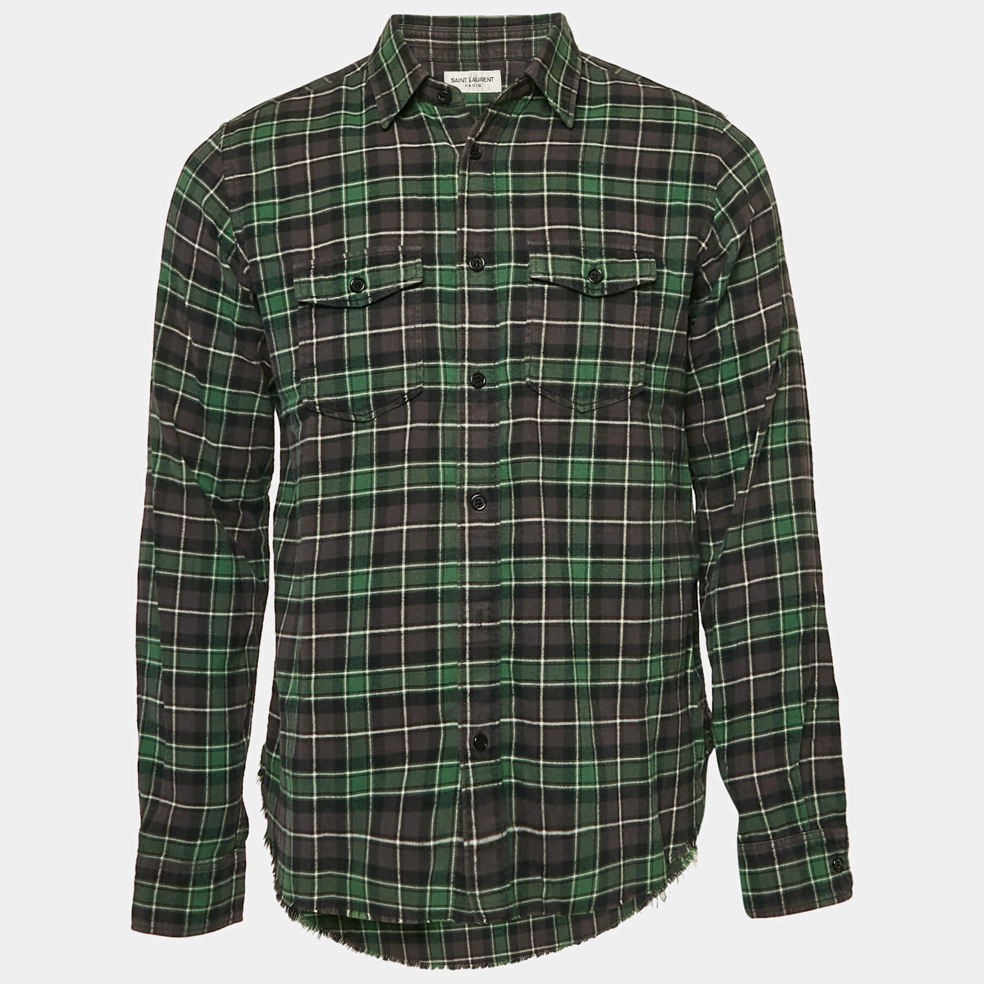 Pre Owned Saint Laurent Paris Green Checked Cotton Raw Edge Shirt XS