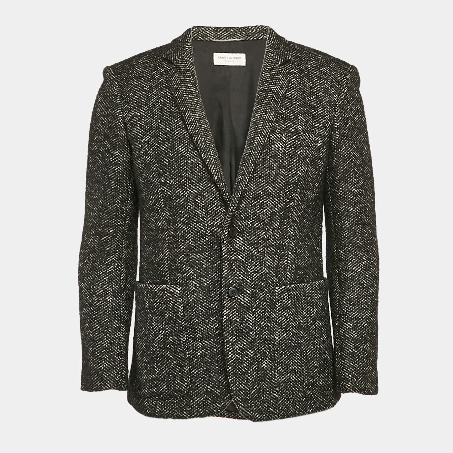 Saint Laurent Grey Herringbone Tweed Double Pea Coat M