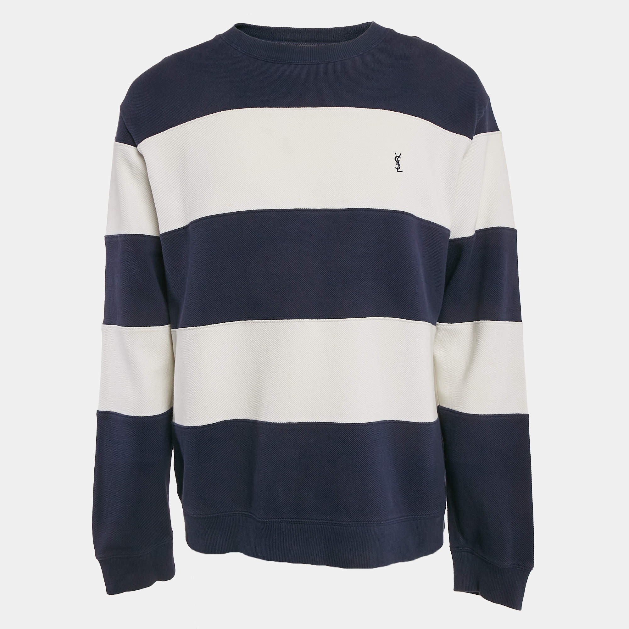 Yves Saint Laurent Vintage Blue/White Striped Cotton Pique Long Sleeve T-Shirt L 
