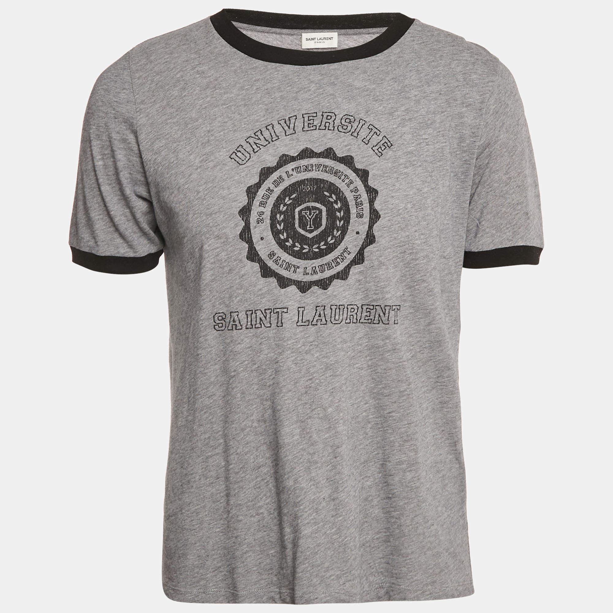 Saint Laurent Grey Printed Cotton Crew Neck T-Shirt S