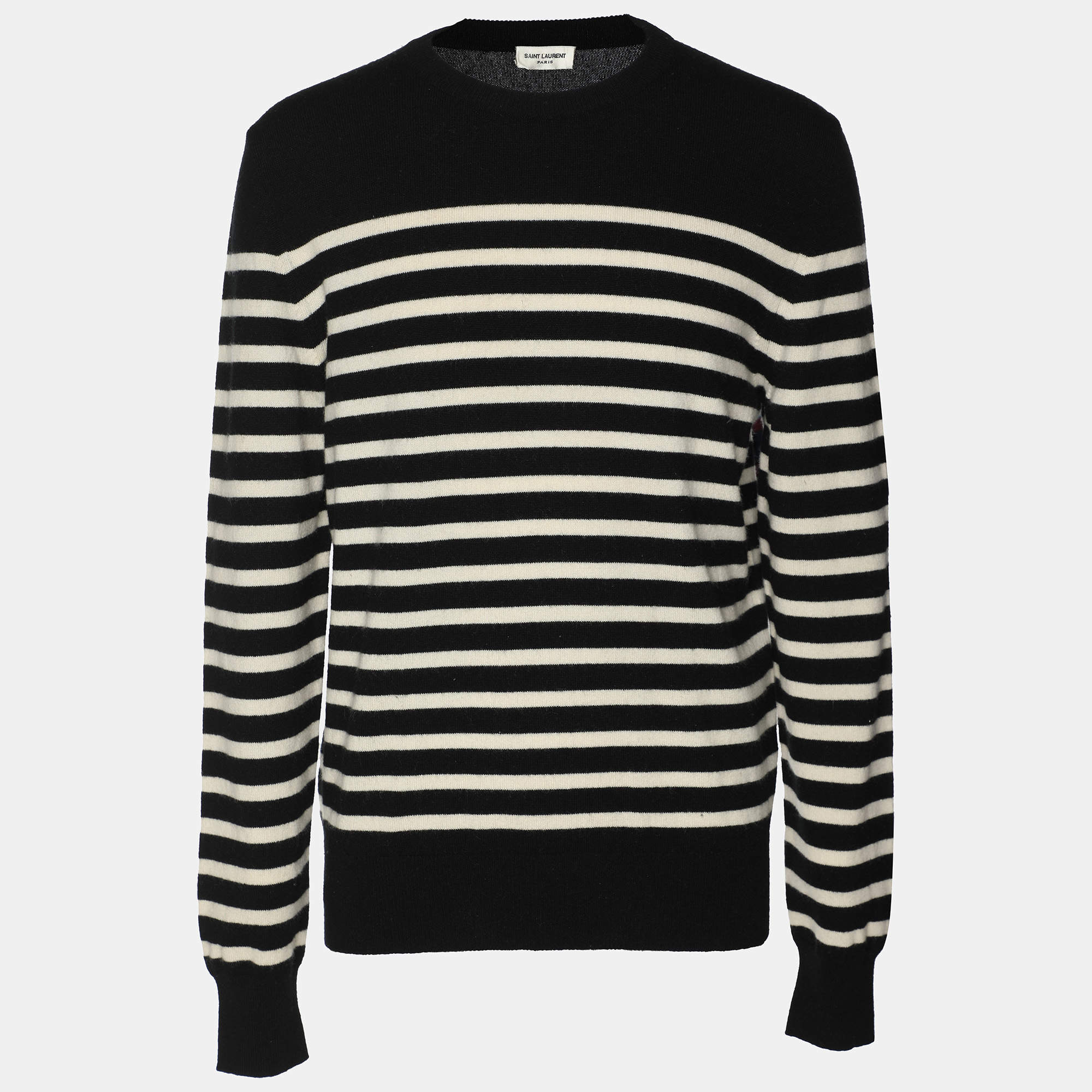 Saint Laurent Black/White Stripe Print Cashmere Knit Sweatshirt L