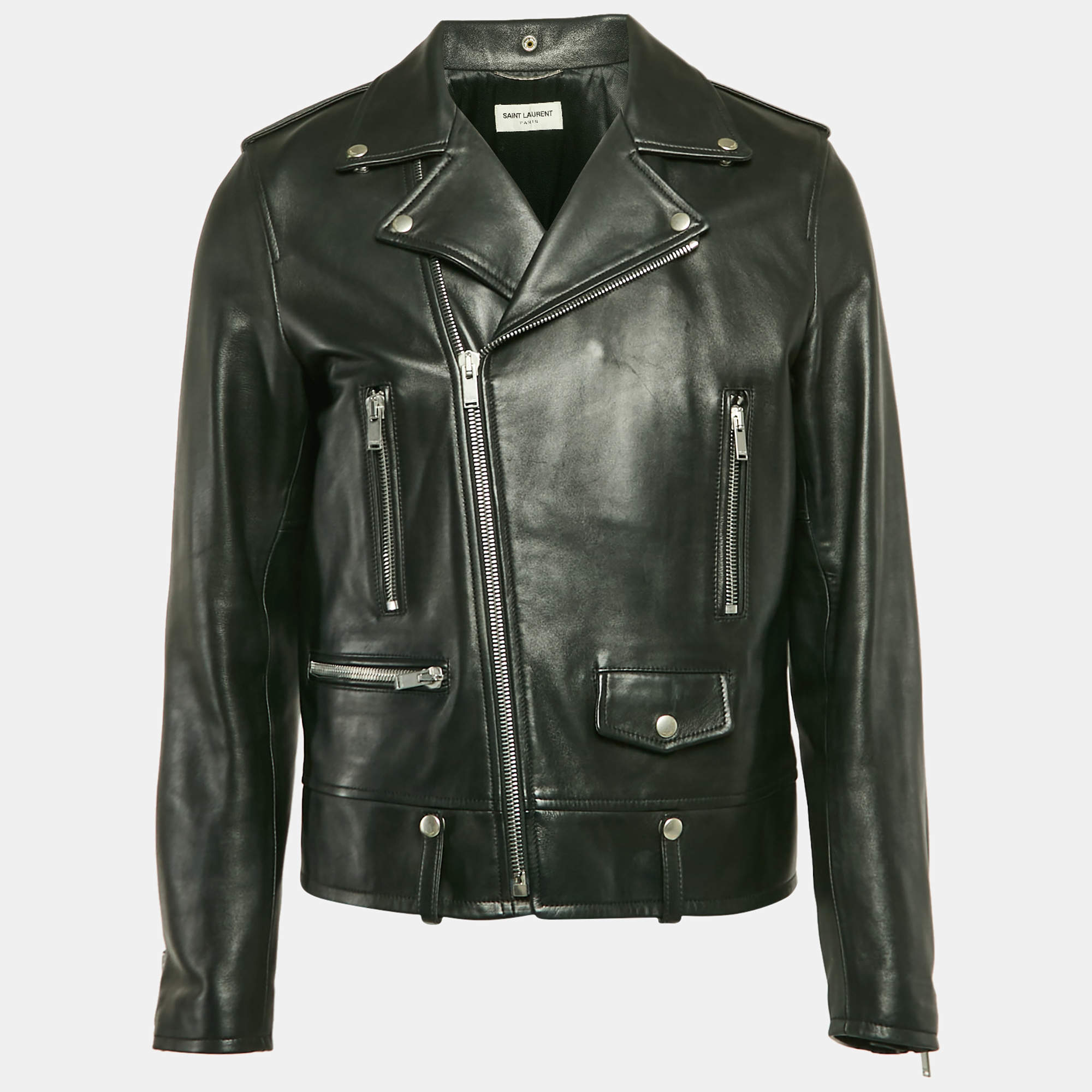 Saint Laurent Paris Black Leather Zipper Detail Biker Jacket XL