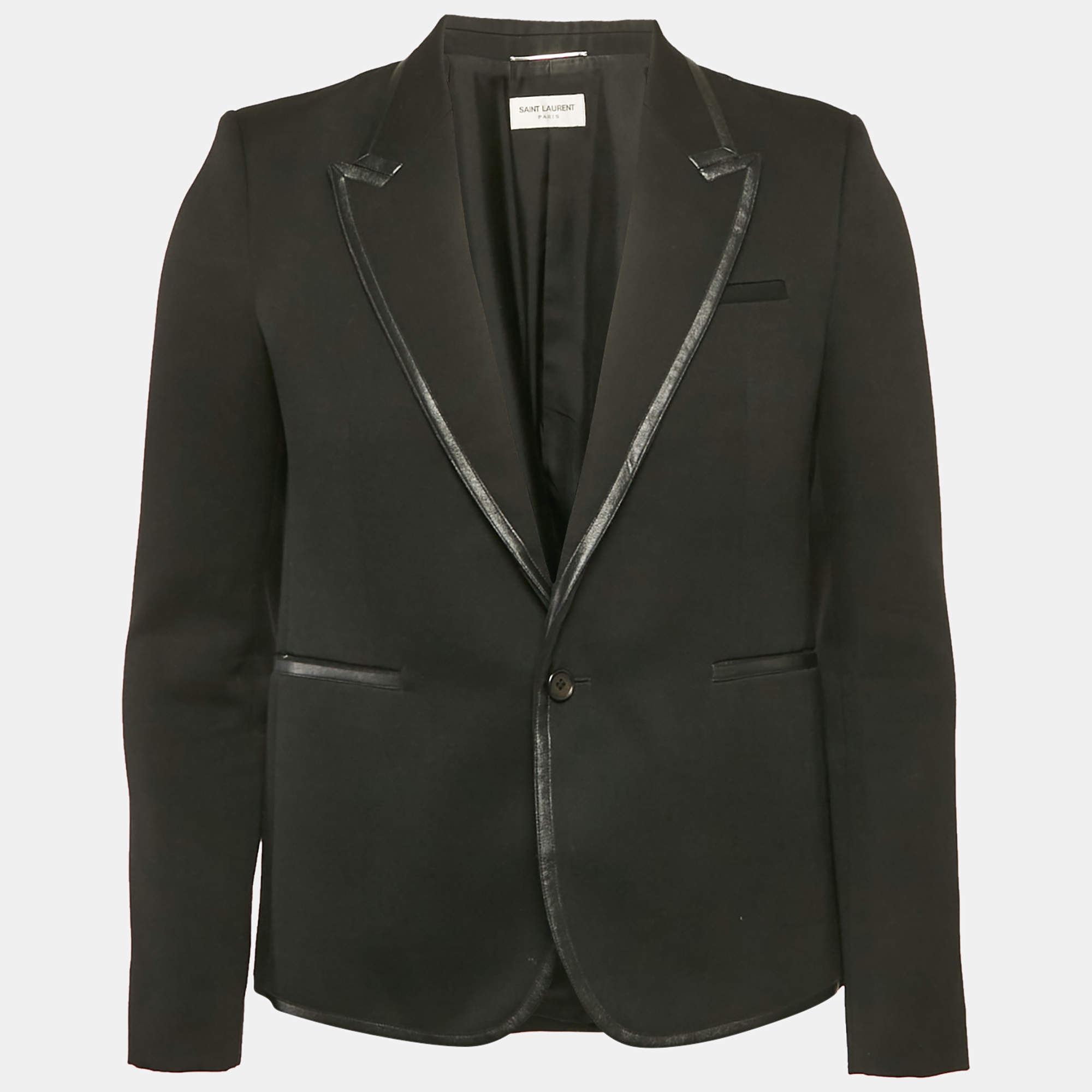 Pre Owned Saint Laurent Black Wool & Leather Trim Blazer M