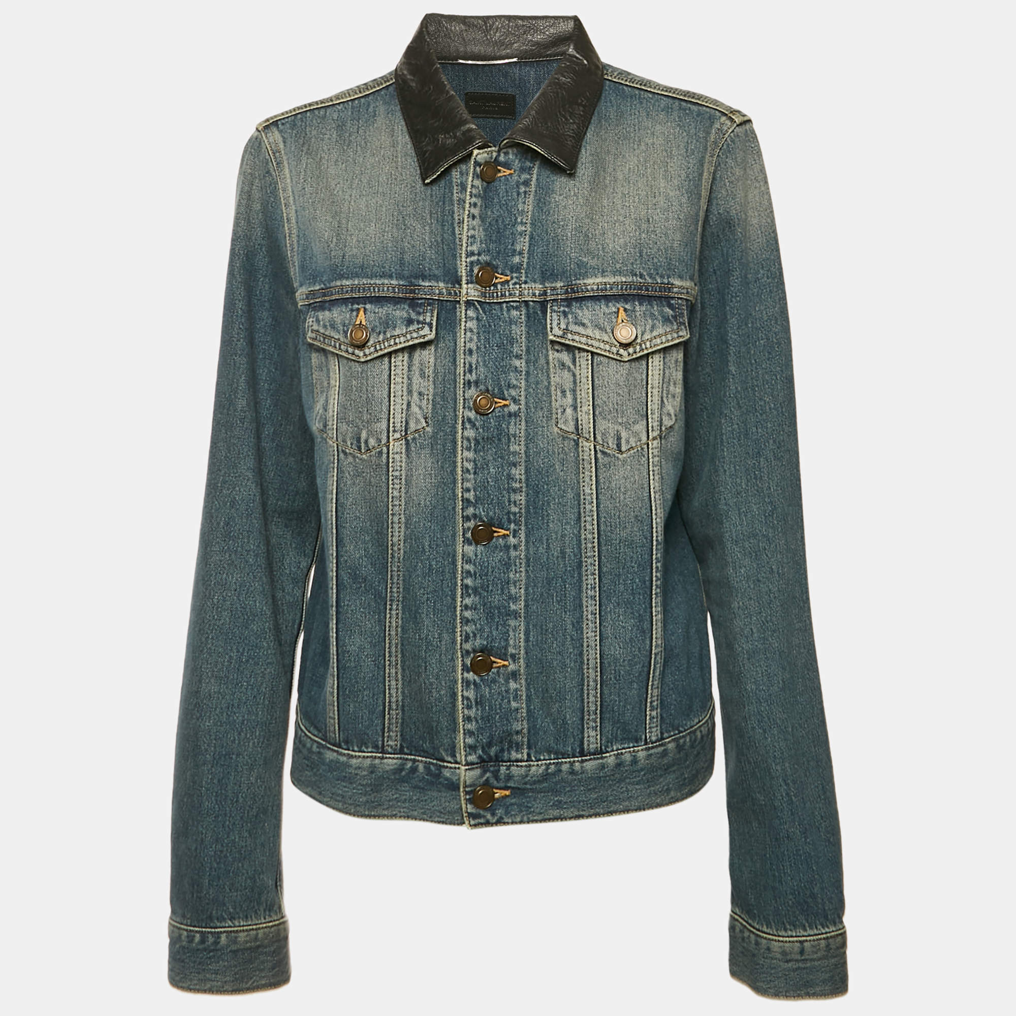 Pre Owned Saint Laurent Blue Washed Denim Collar Leather Trimmed Jacket L