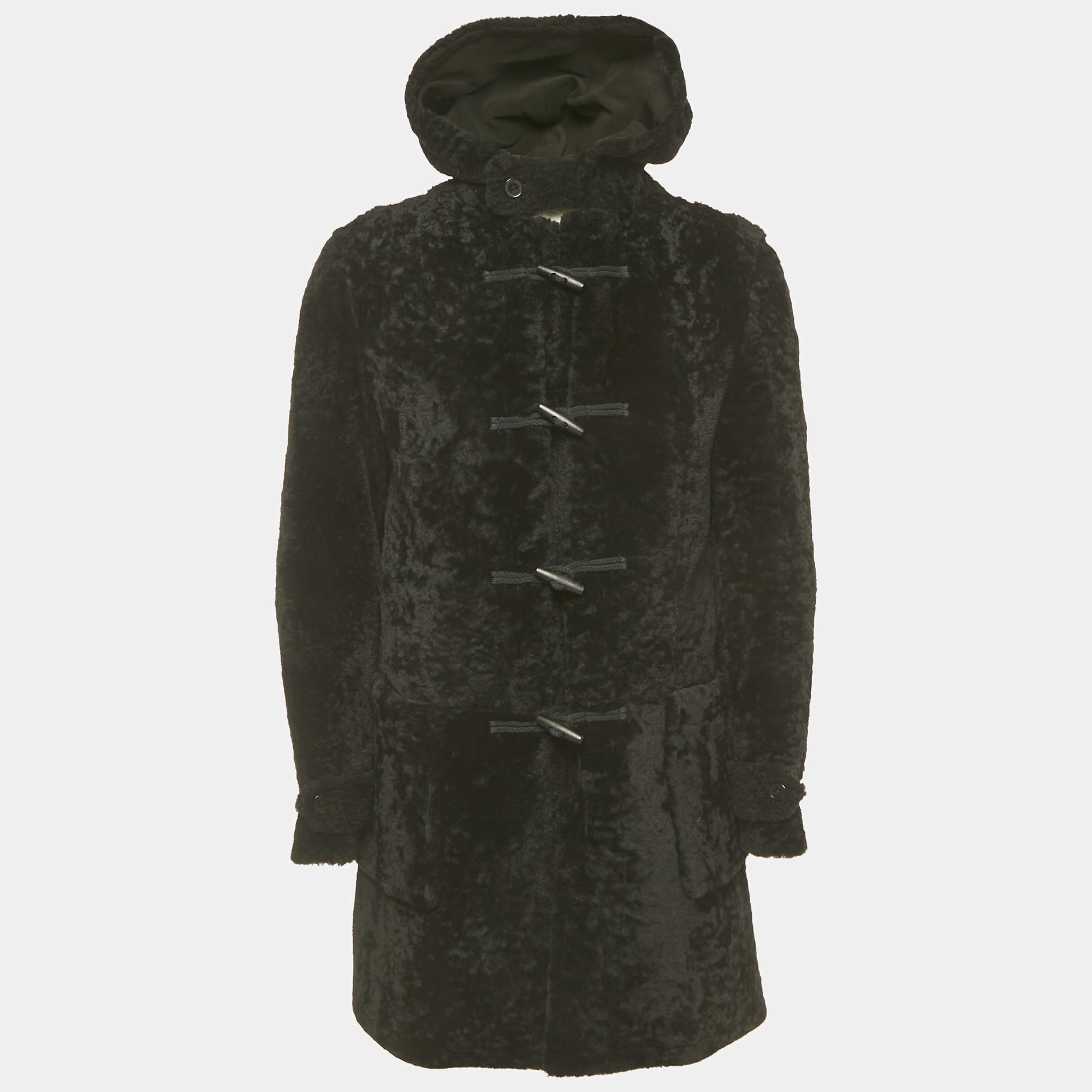 Pre Owned Saint Laurent Paris Black Shearling Hooded Duffle Coat XL