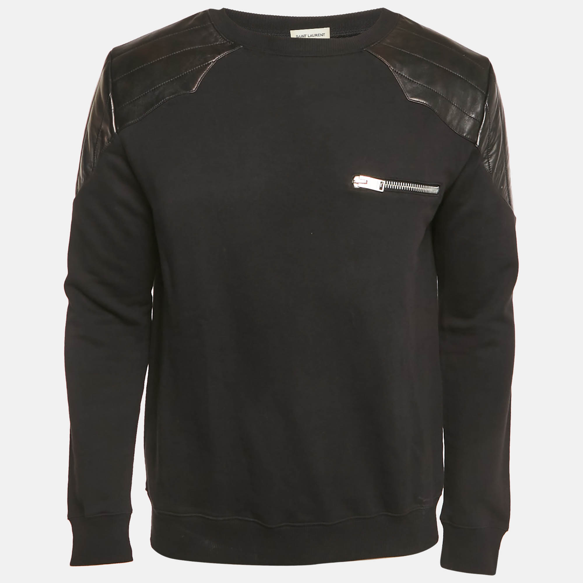 Pre Owned Saint Laurent Paris Black Leather Trim Cotton Crewneck Sweatshirt L