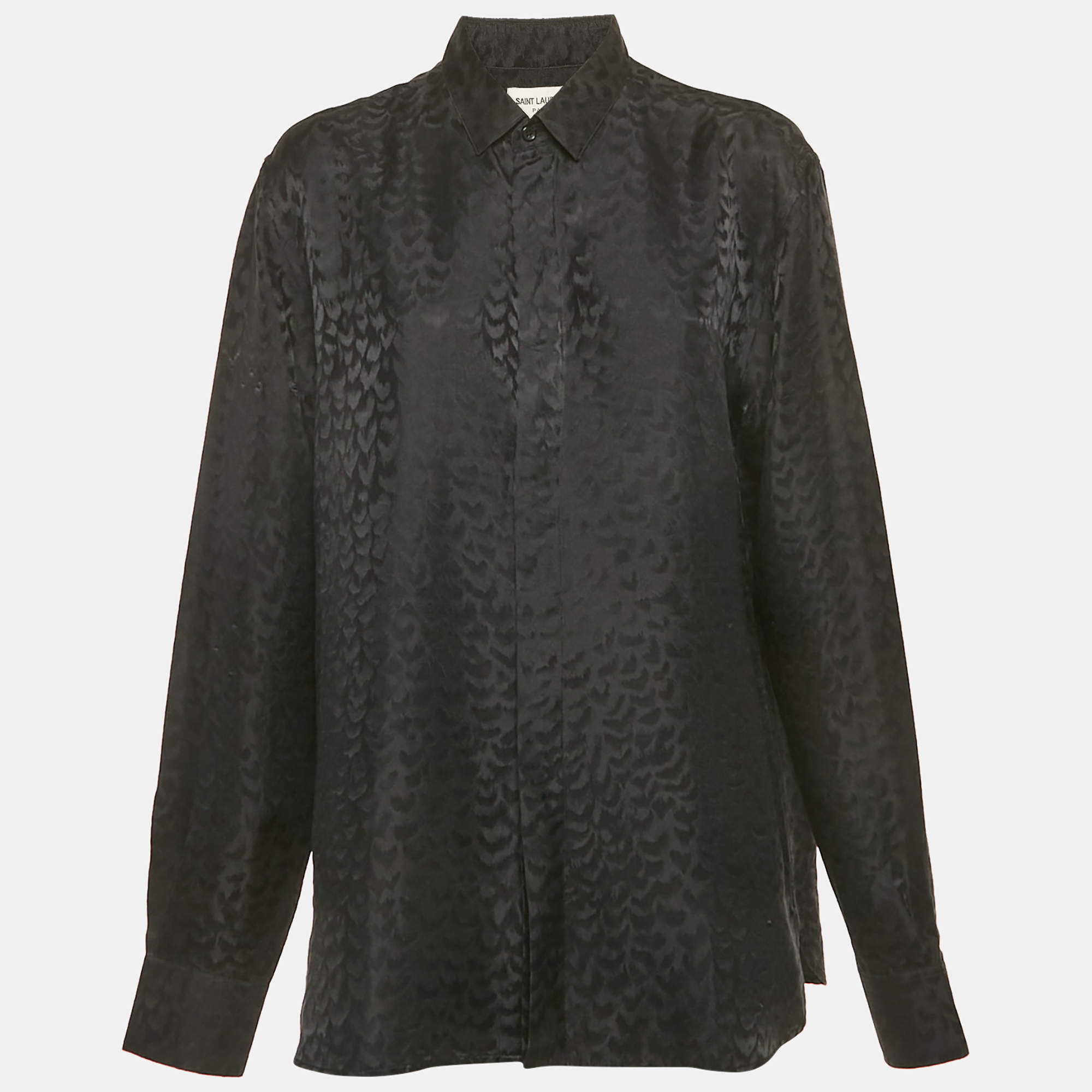 Pre Owned Saint Laurent Black Patterned Satin Silk Long Sleeve Shirt M
