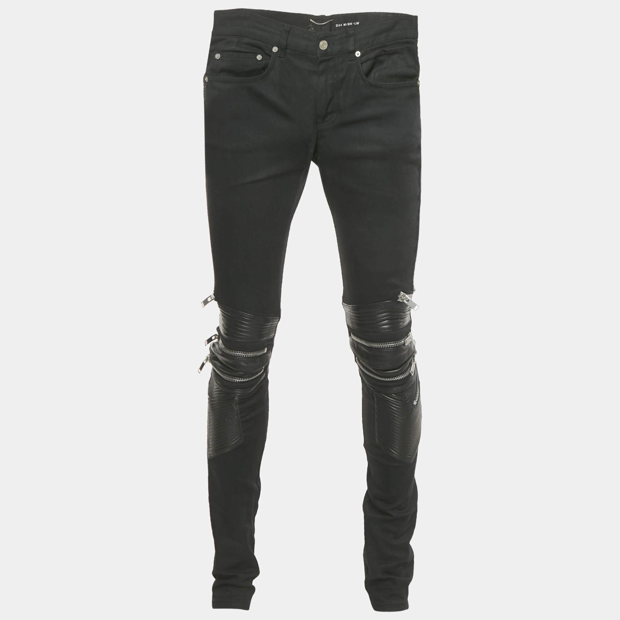 مملوكة مسبقًا بنطلون جينز سان لوران باريس دنيم أسود بتقليم جلد مقاس وسط (ميديم) خصر 32"