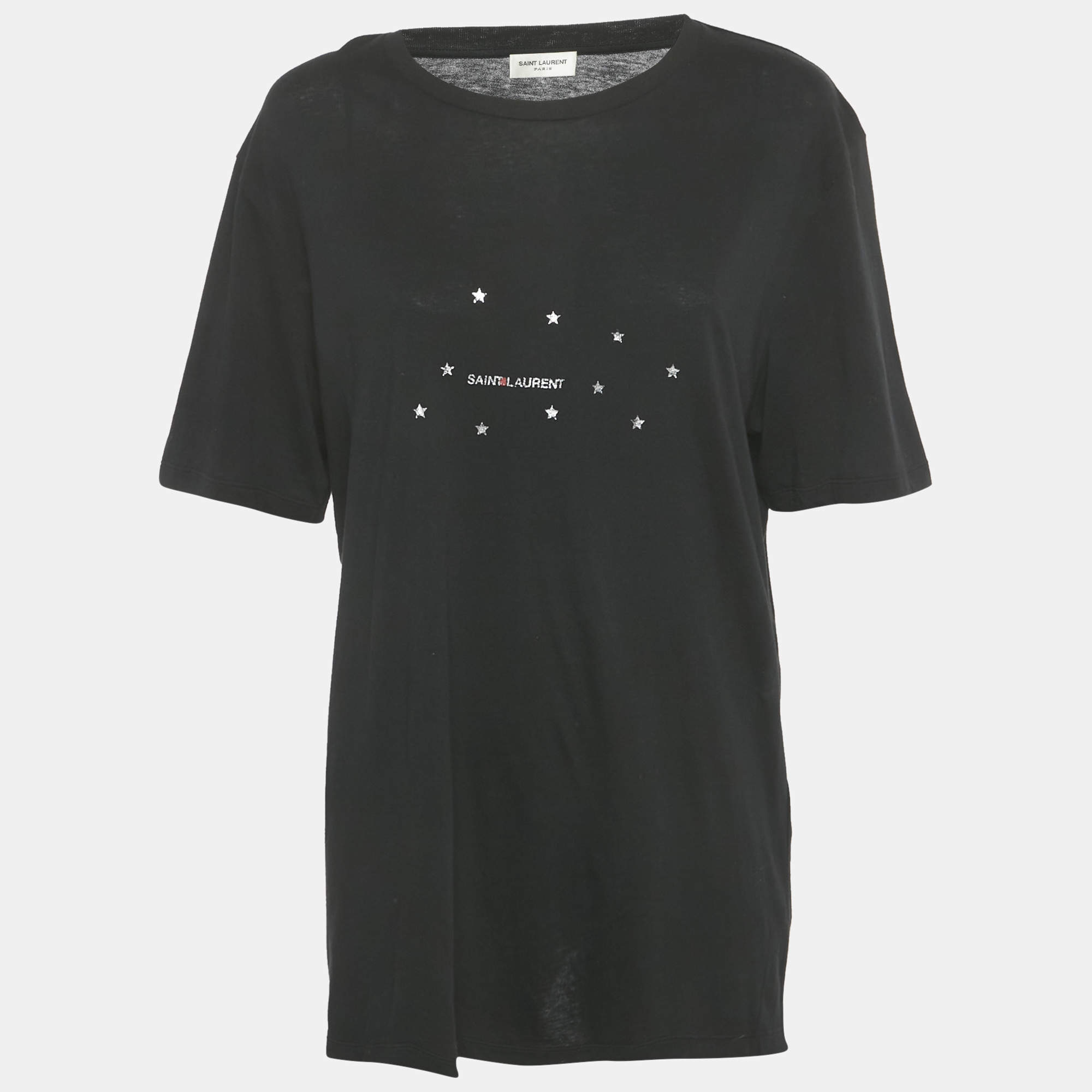 Pre Owned Saint Laurent Paris Black Stars Archive Logo Print Cotton Crew Neck T-Shirt L