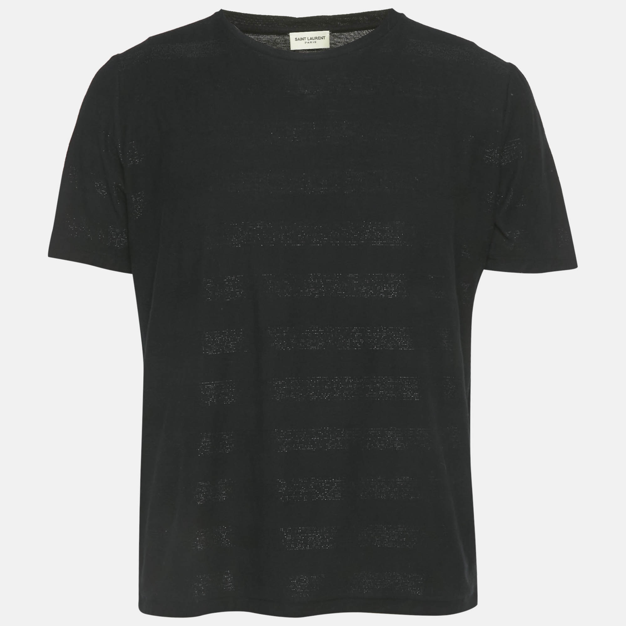 Pre Owned Saint Laurent Black Shimmer Stripe Cotton T-Shirt L
