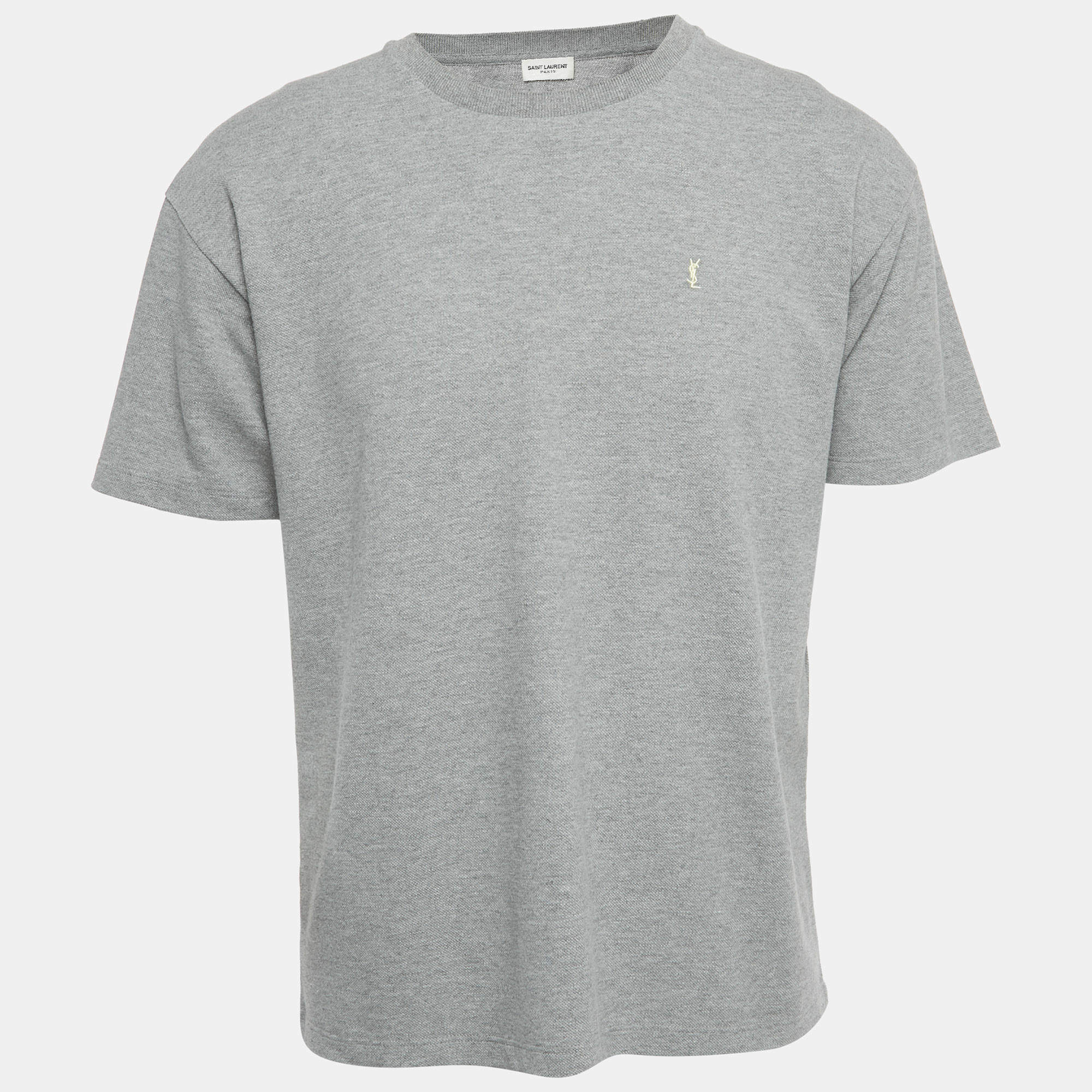 Pre Owned Saint Laurent Grey Logo Embroidery Cotton Blend Cassandre T-Shirt M