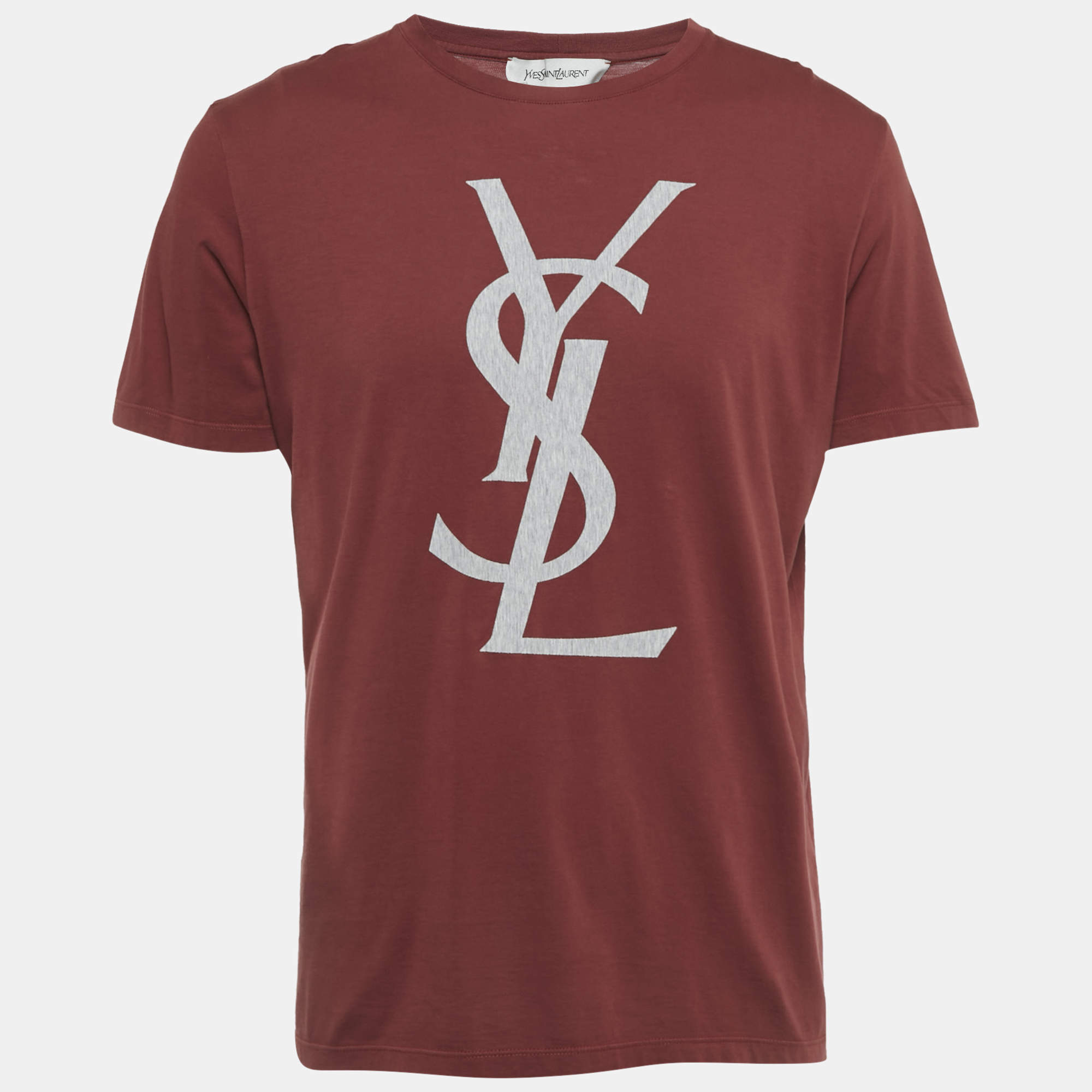 Pre Owned Saint Laurent Paris Dark Red Logo Patch Cotton T-Shirt XXL