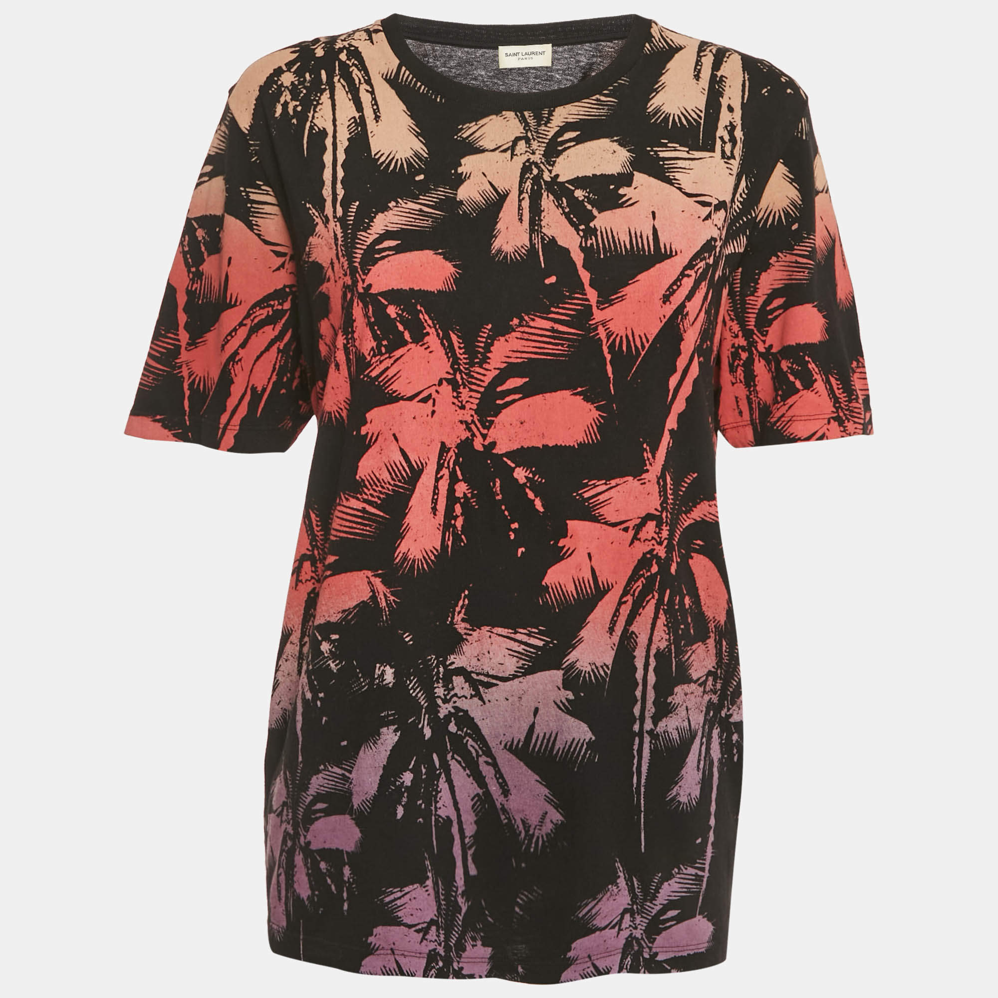 Pre Owned Saint Laurent Paris Black Palm Print Cotton T-Shirt XS 