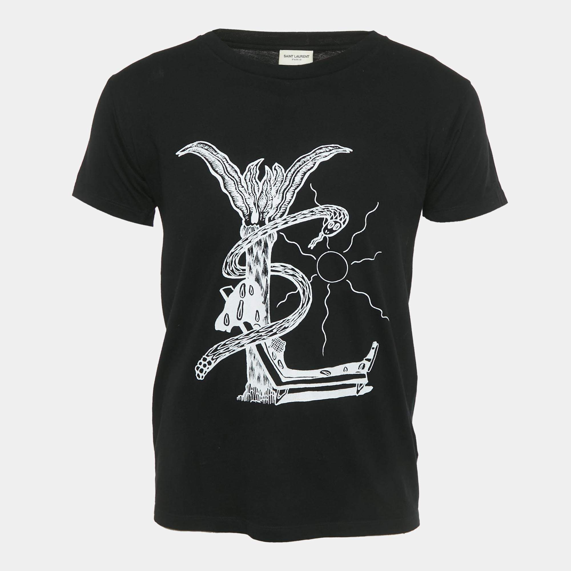 Pre Owned Saint Laurent Black Printed Jersey Crewneck T-Shirt XS