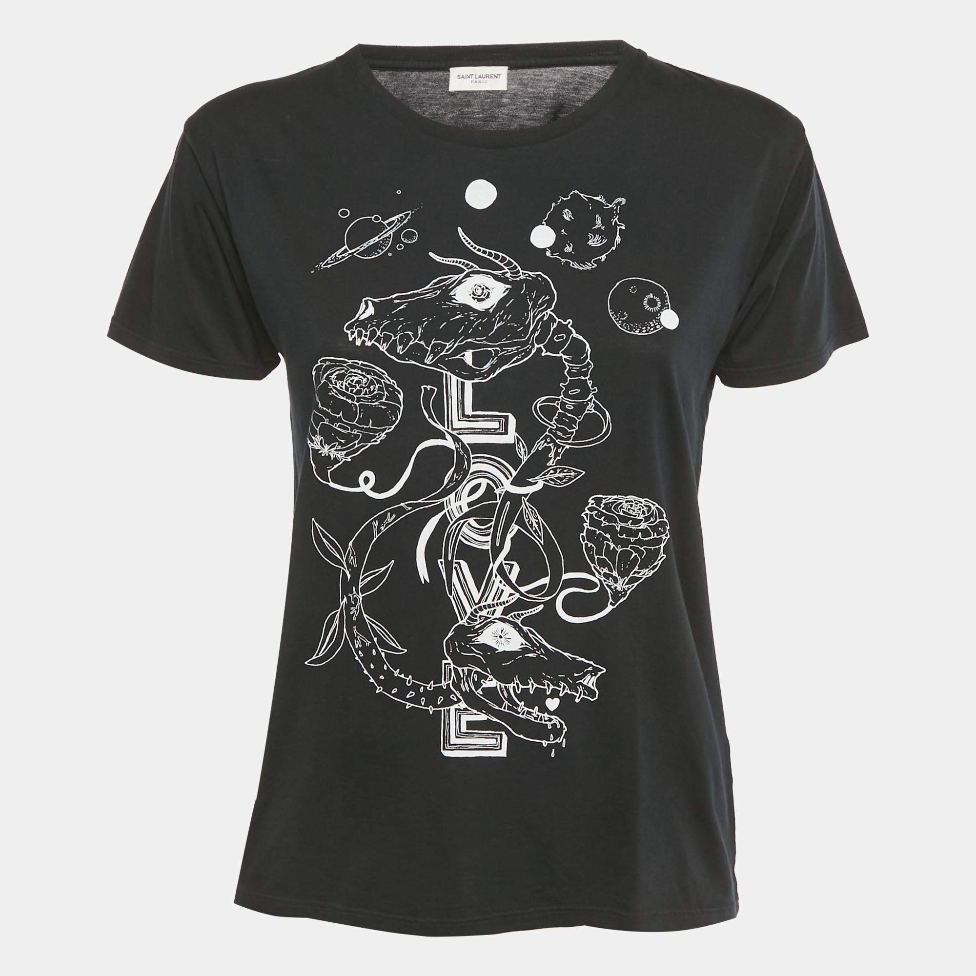 Pre Owned Saint Laurent Paris X Grimes Black Printed Cotton T-Shirt XS 