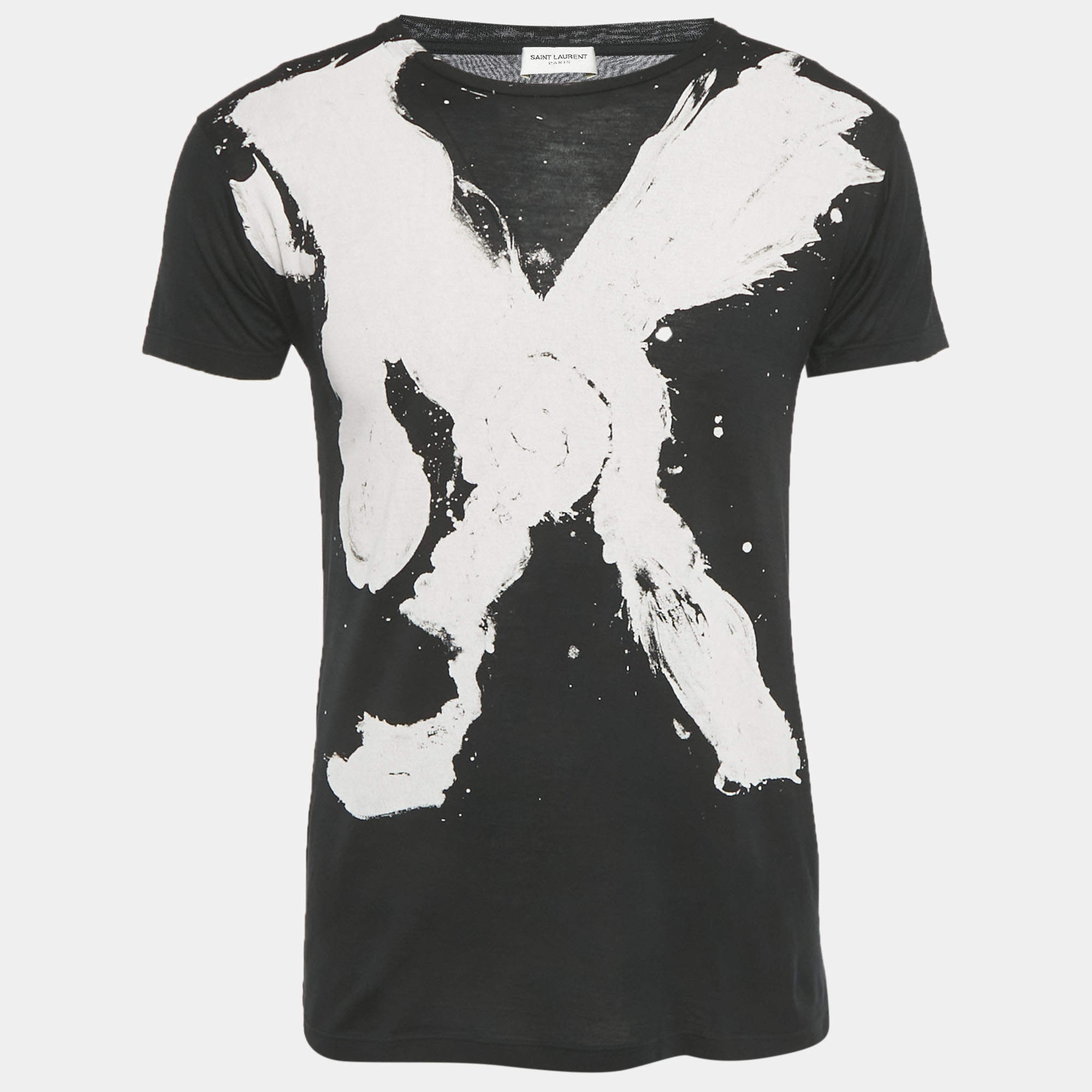 Pre Owned Saint Laurent Paris Black Printed Cotton Crewneck T-Shirt XS 