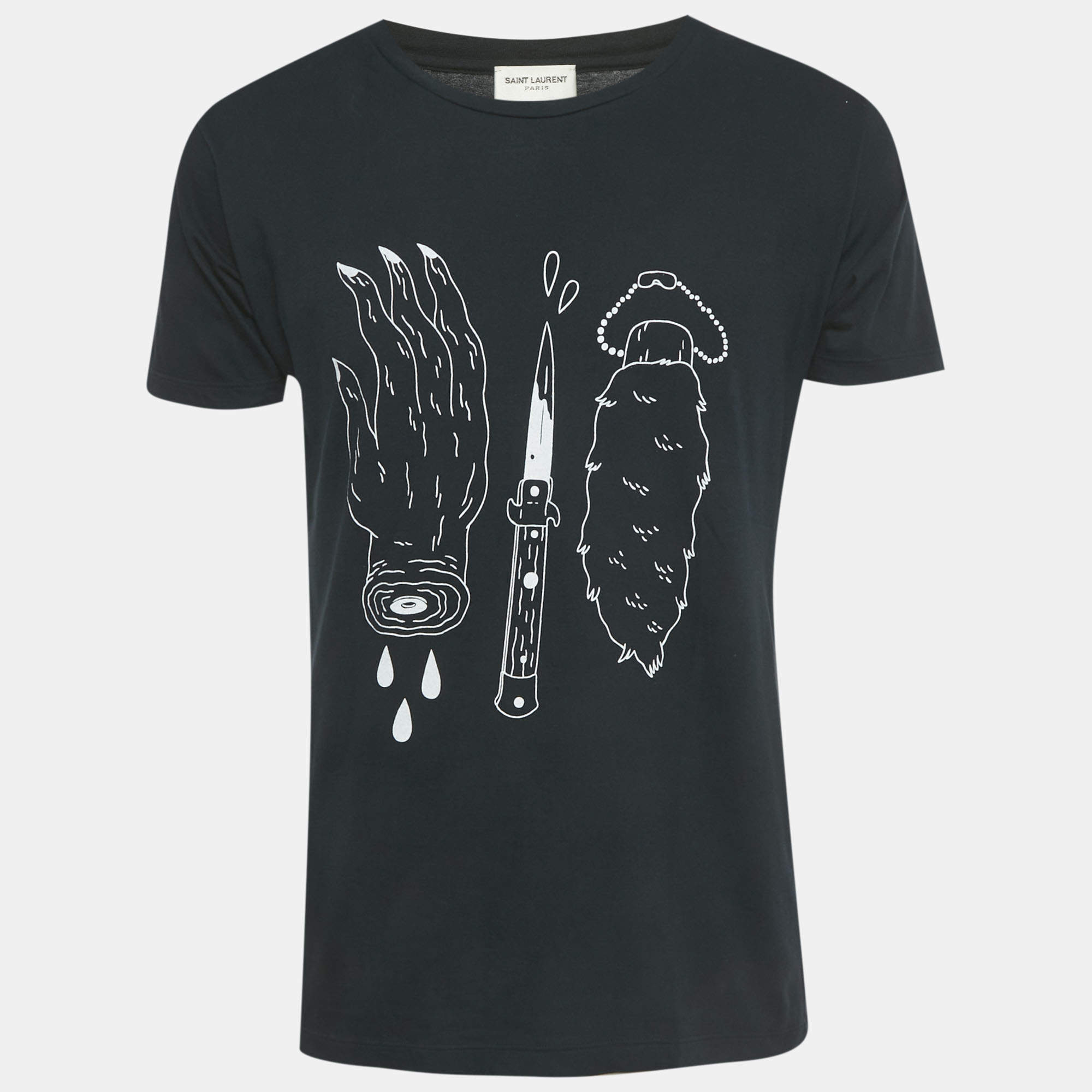 Pre Owned Saint Laurent Paris Black Printed Cotton T-Shirt S