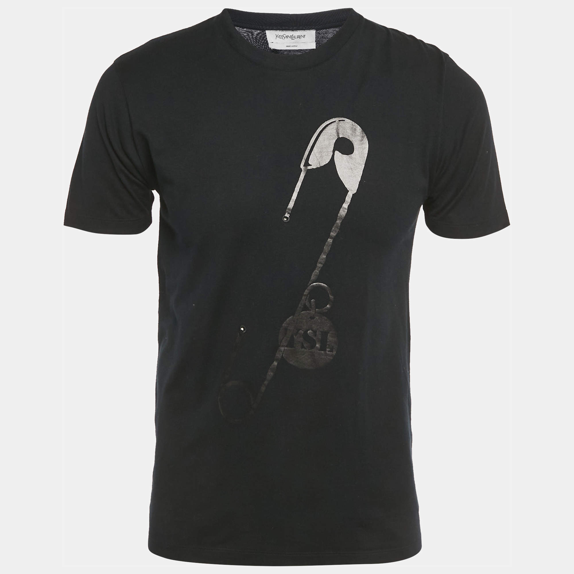 Pre Owned Saint Laurent Paris Black Paper Clip Print Cotton T-Shirt S