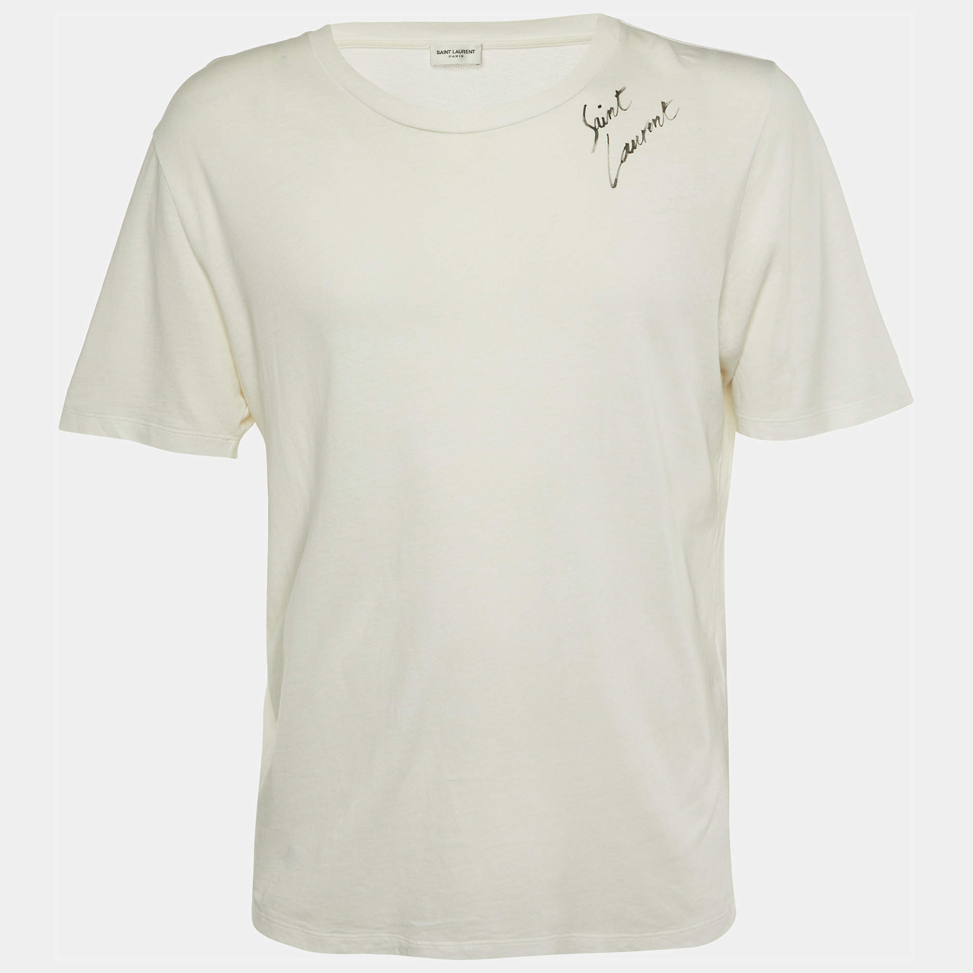 Pre Owned Saint Laurent Paris White Signature Script Cotton Crew Neck T-Shirt M