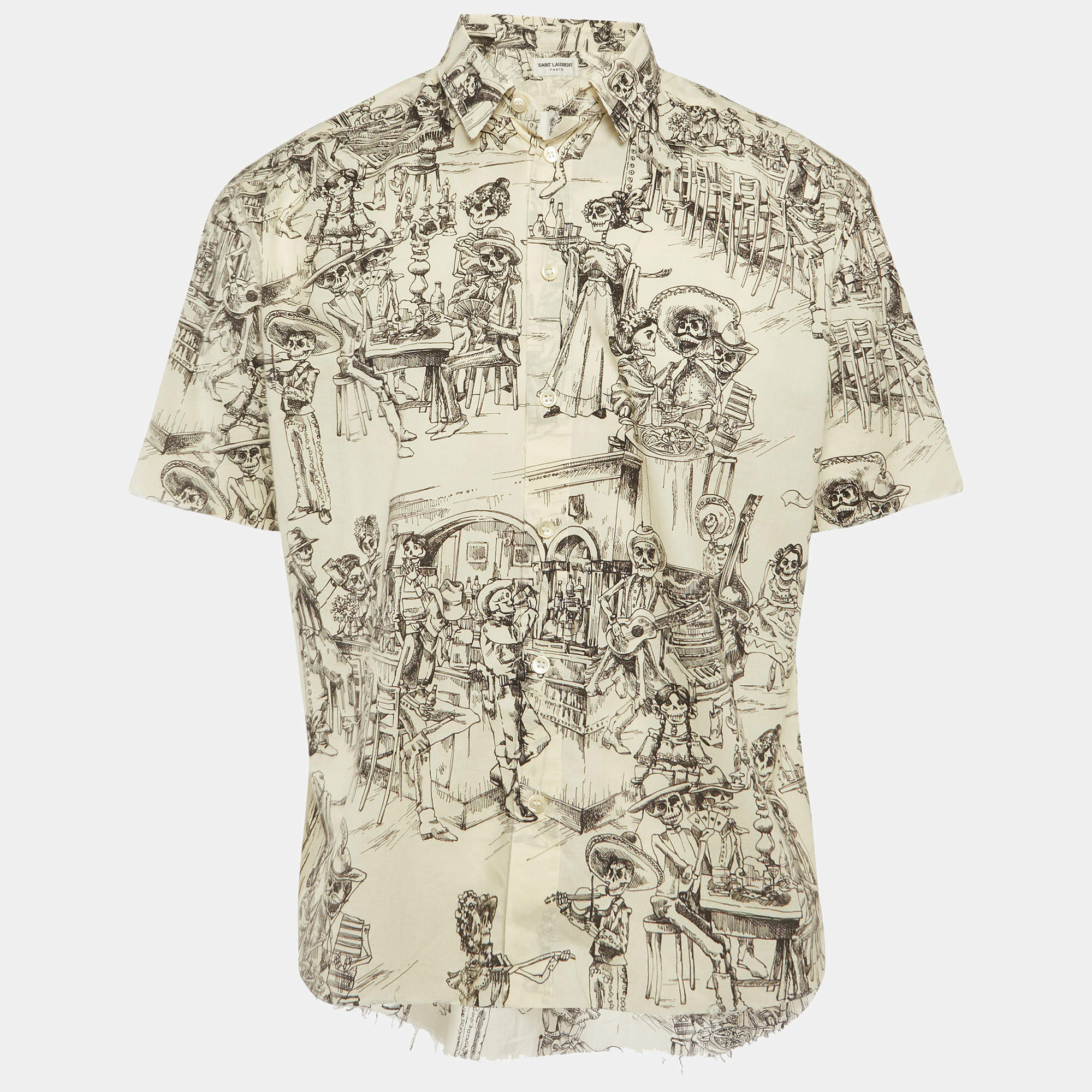 Pre Owned قميص سان لوران باريس قطني مطبوع بكريم متضرر مقاس كبير ( لارج )