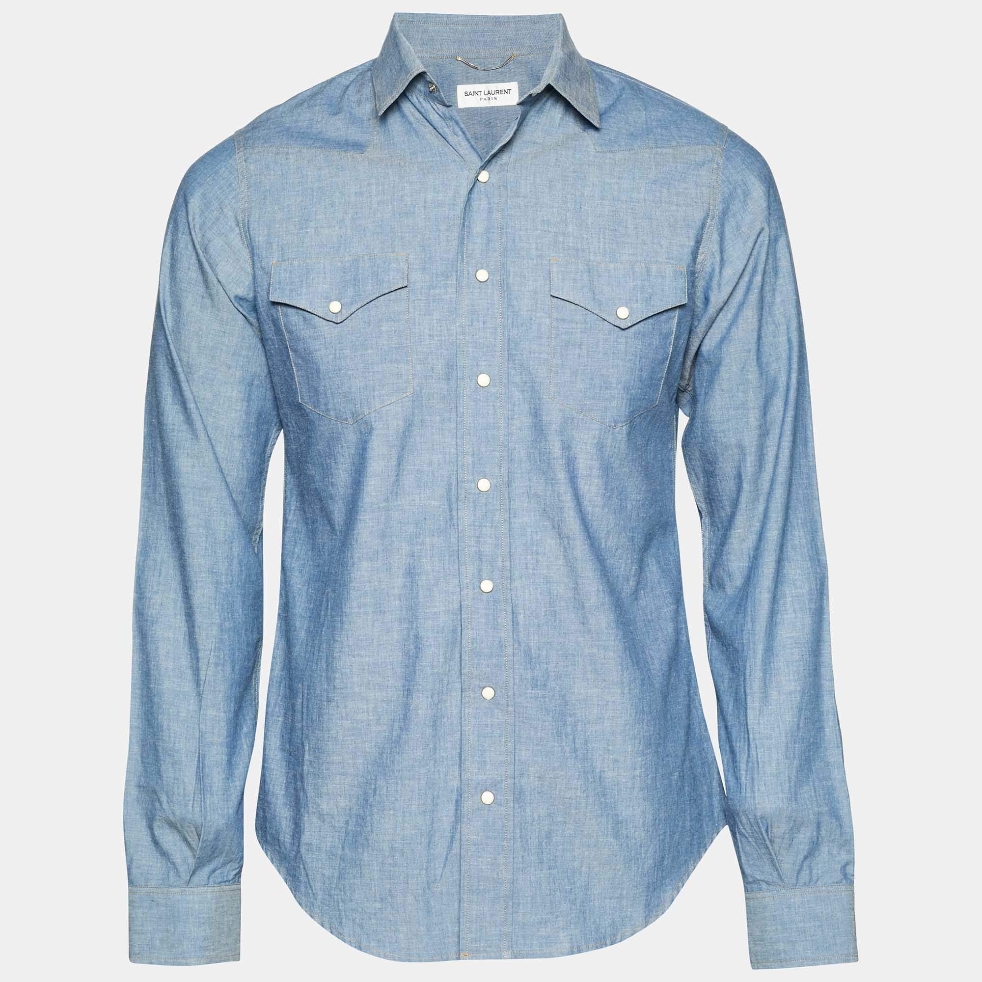 Pre Owned قميص سان لوران باريس بأكمام طويلة من شامبراي أزرق مقاس صغير