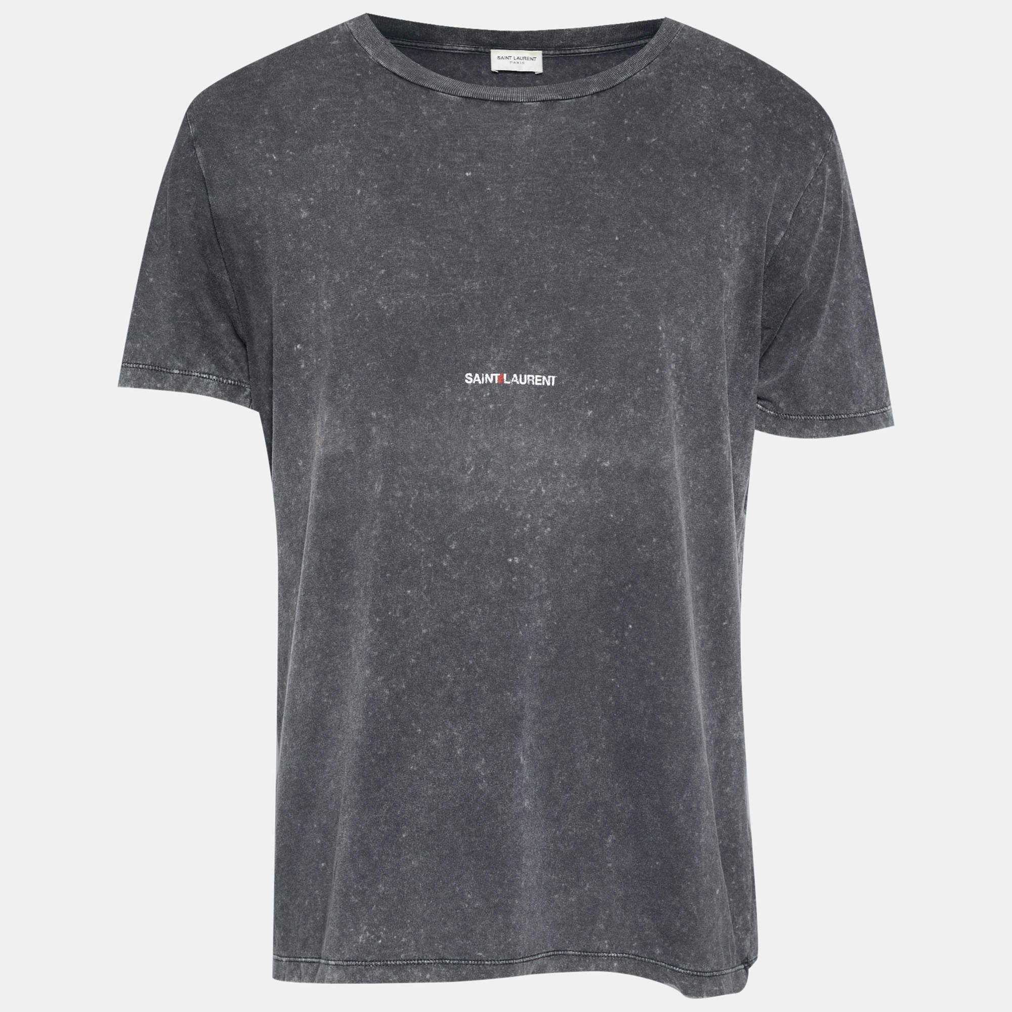 مملوكة مسبقًا Saint Laurent Paris Grey Jersy Logo Print Distressed T-Shirt M