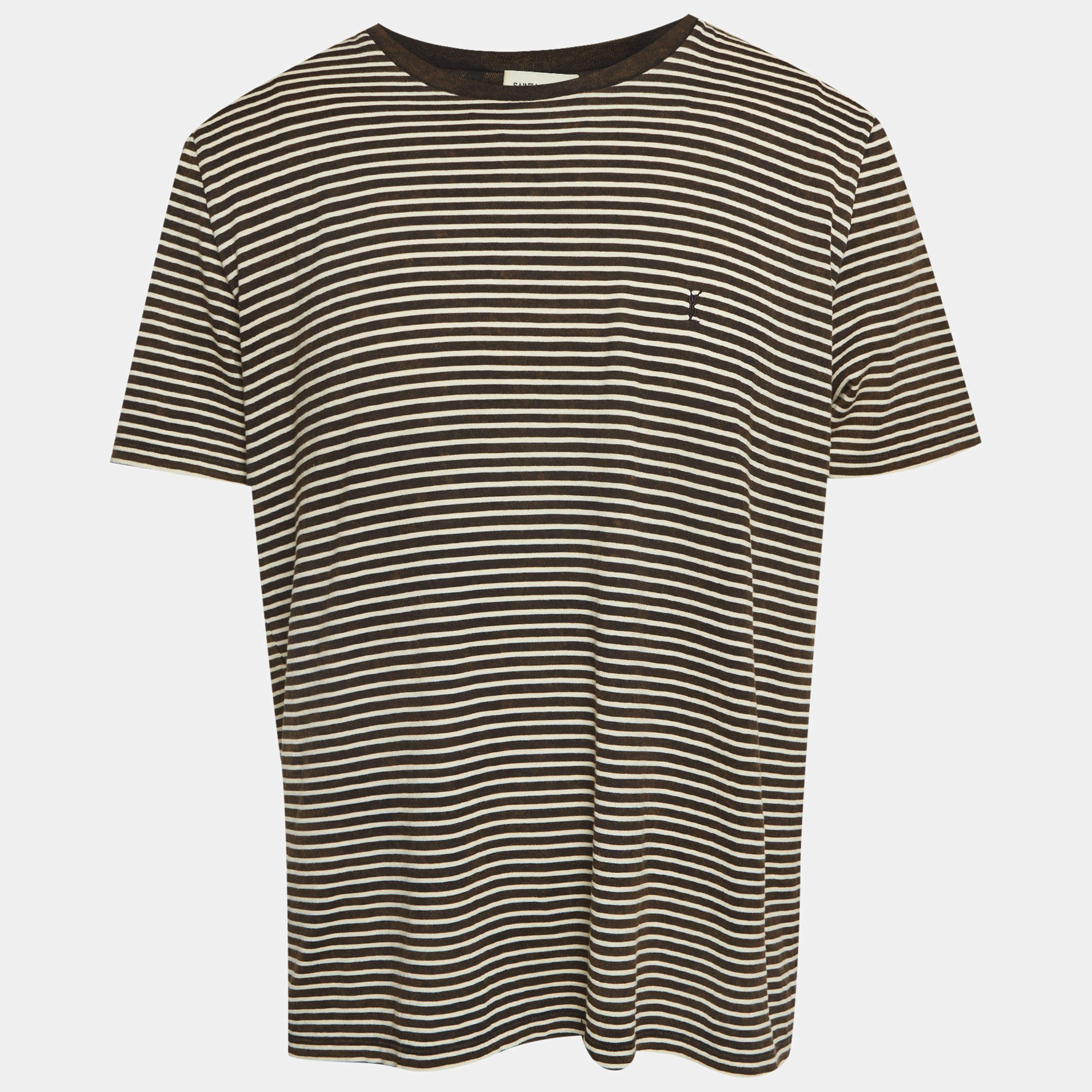 Pre Owned Saint Laurent Paris Black/White Striped Jersey Bleached T-Shirt XL