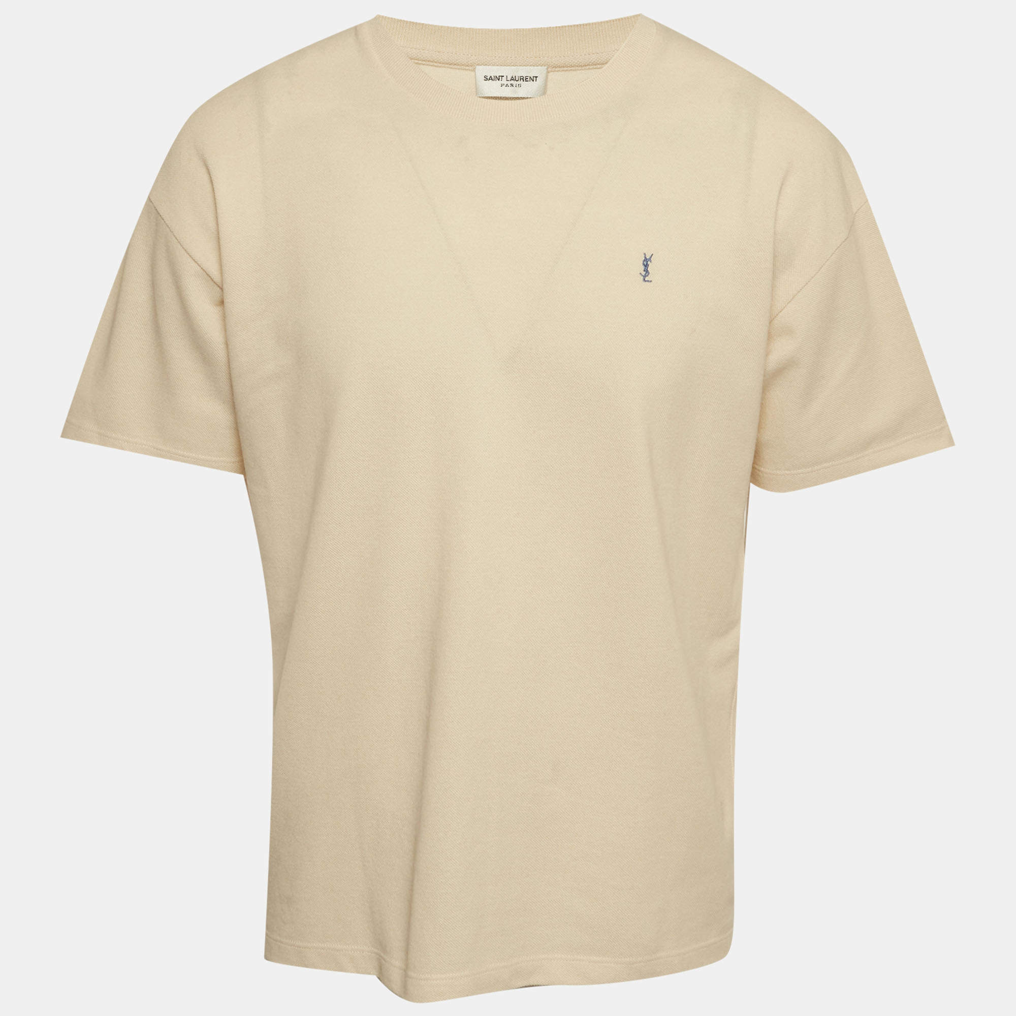 Pre Owned Saint Laurent Paris Cream Pique Cotton T-Shirt L 
