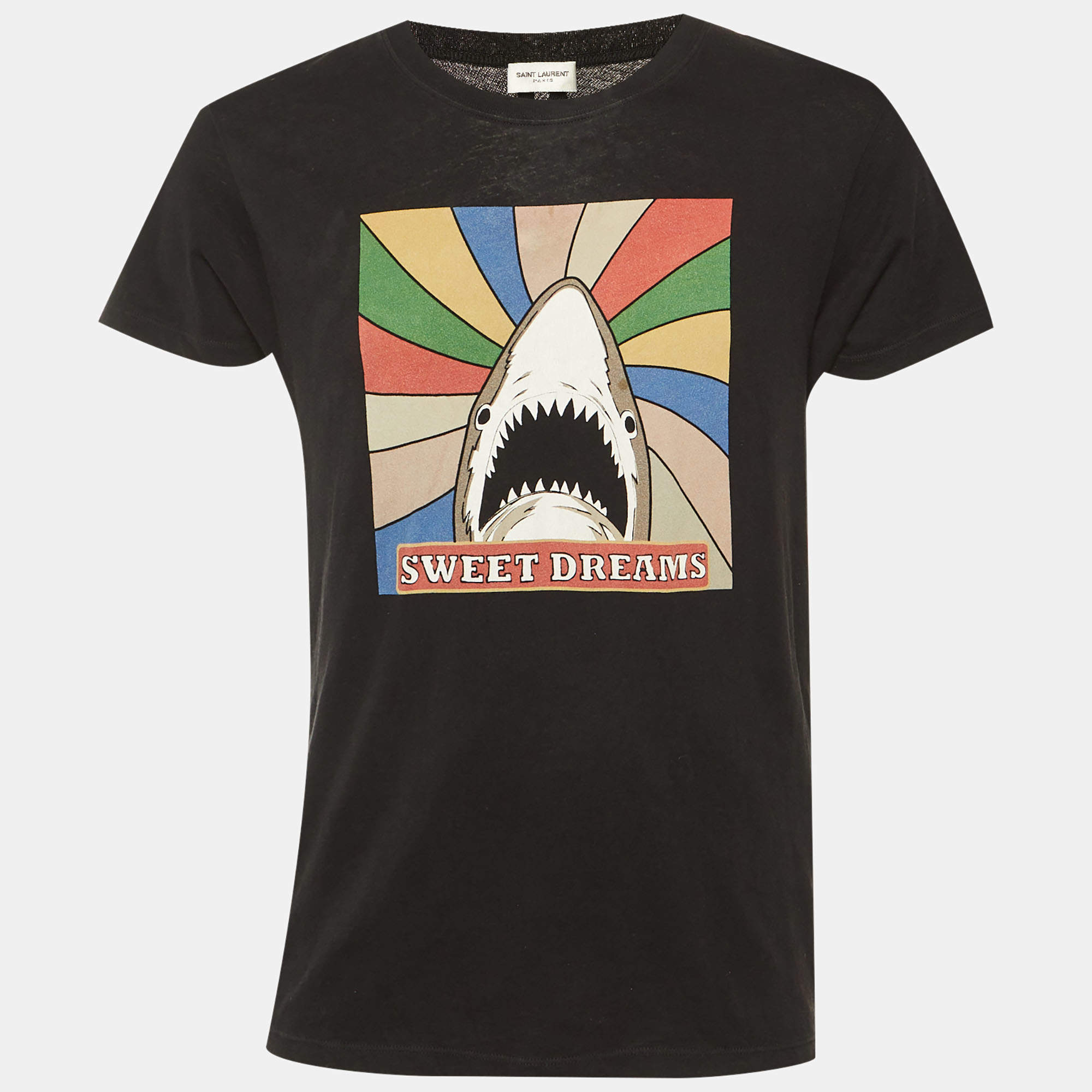 Pre Owned Saint Laurent Paris Black Shark Printed Cotton Knit T-Shirt S