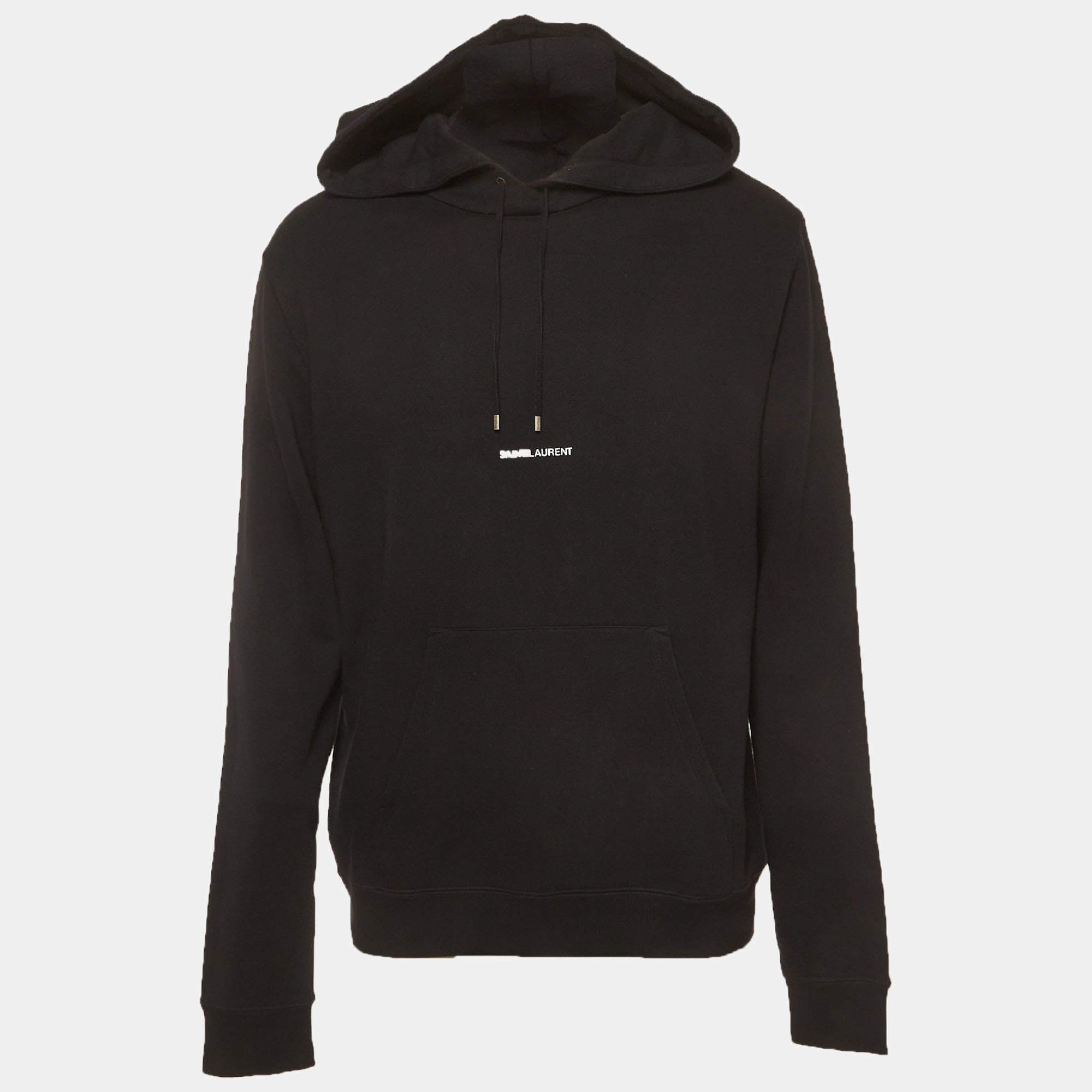Pre Owned Saint Laurent Black Logo Print Cotton Jersey Hoodie L