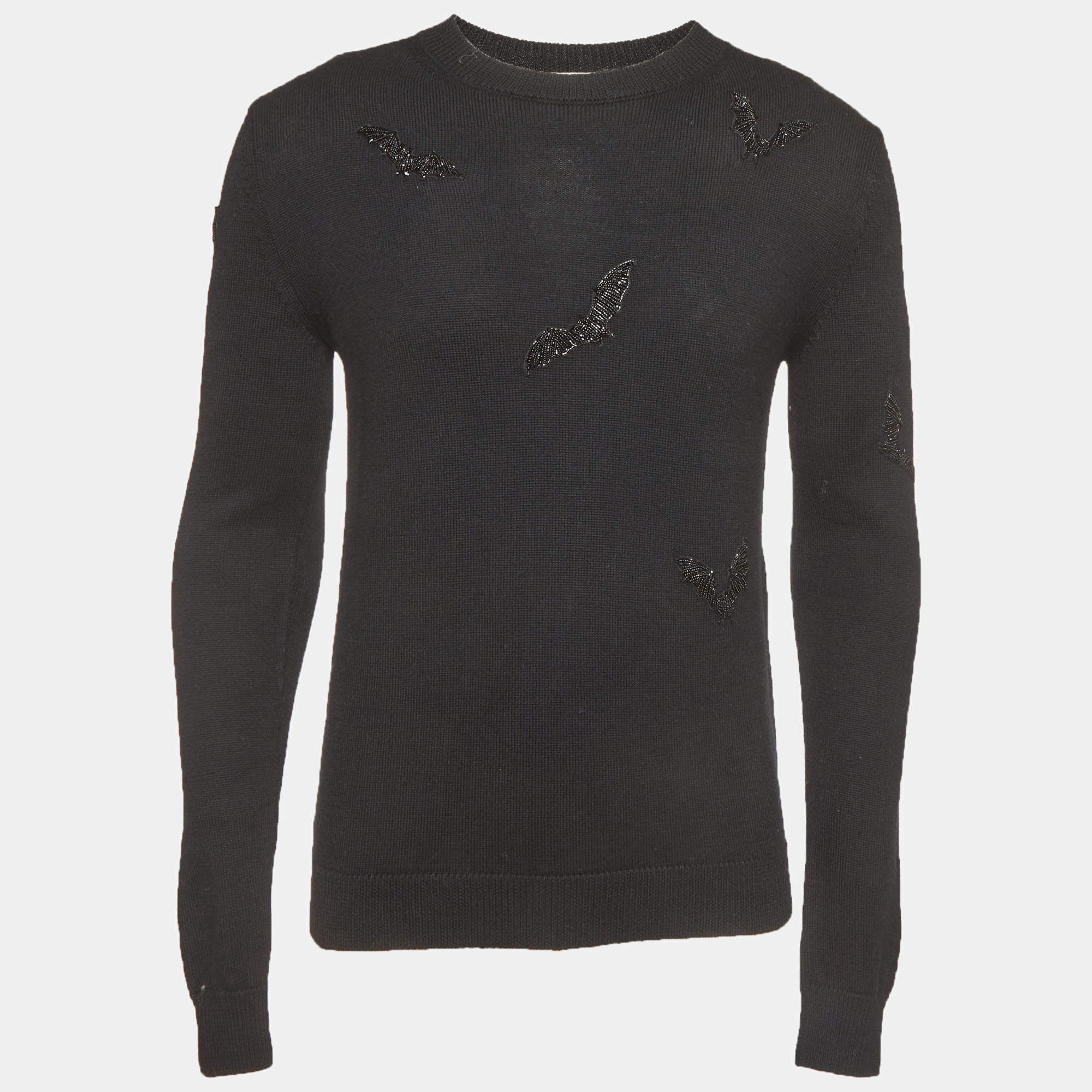 Pre Owned Saint Laurent Paris Black Knit Bat Embellished Patch Sweater L