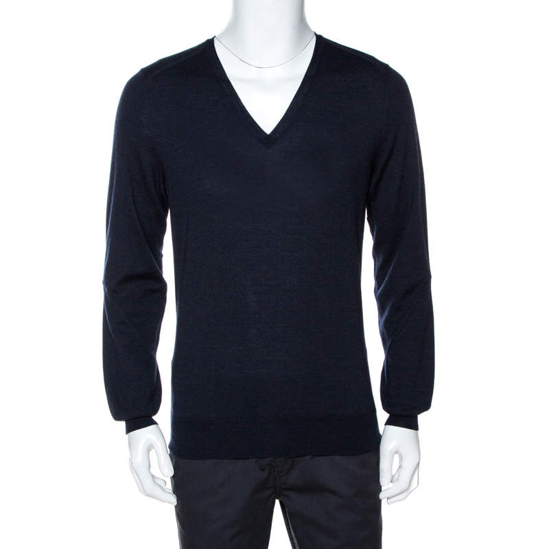 Saint Laurent Paris Navy Blue Wool V Neck Sweater XL