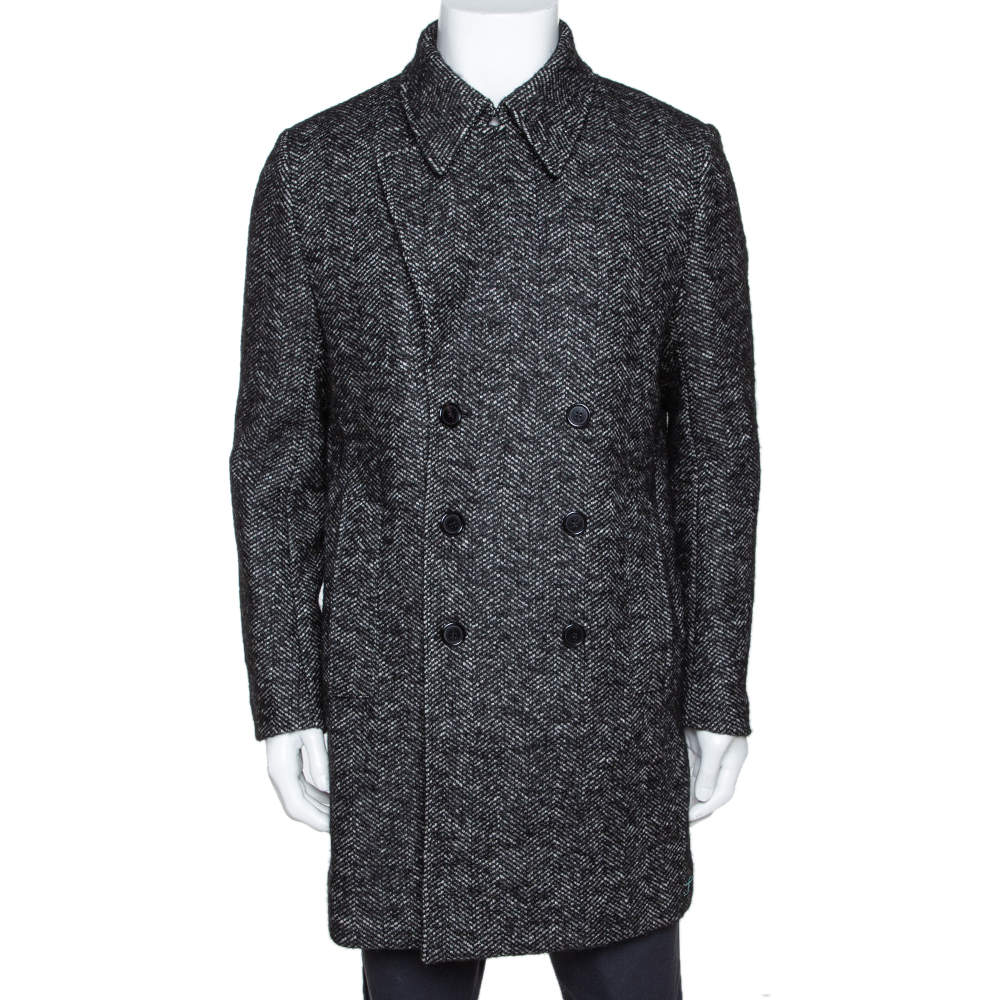 Saint Laurent Paris Monochrome Chevron Tweed Double Breasted Pea Coat L 