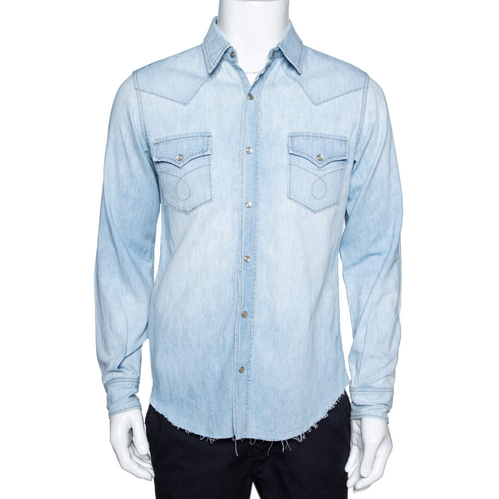 Pre Owned Saint Laurent Paris Light Blue Denim Frayed Hem Shirt M